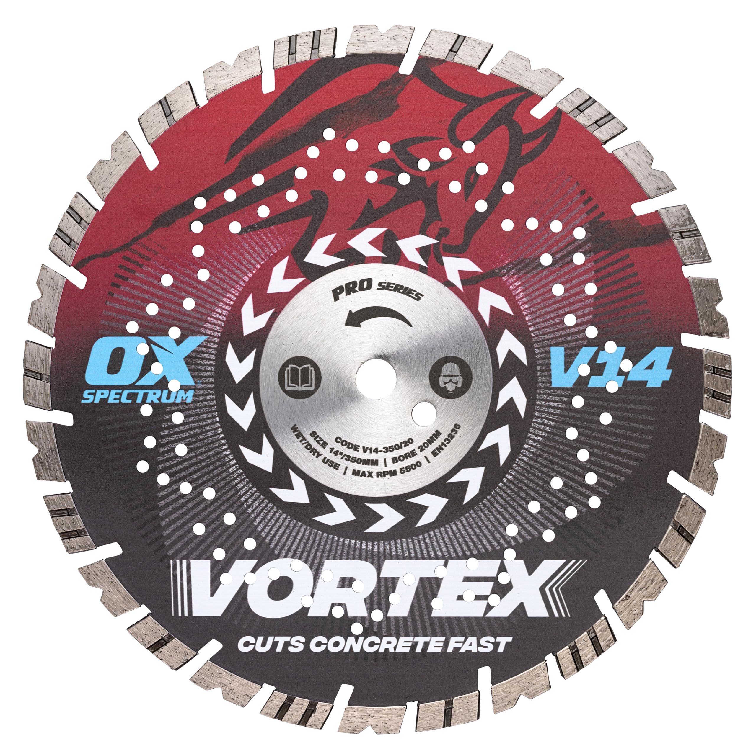 OX Pro V14 Diamond Blade for Concrete, 350mm/22mm, Turbo V Tooth for Aggressive Cutting & Long Life, Cuts Concrete with Rebar