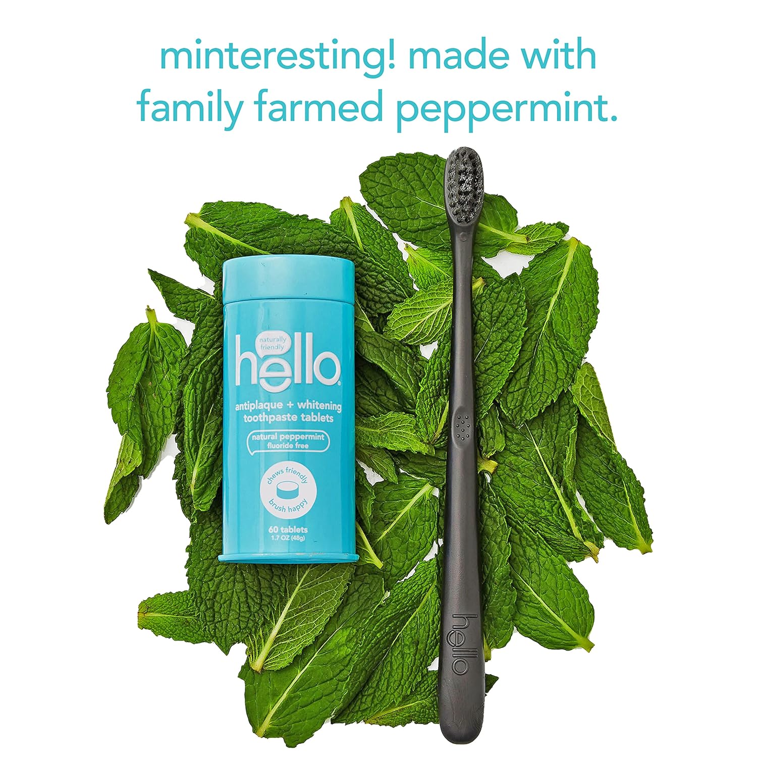 🔥 hello Antiplaque & Teeth Whitening Eco Friendly Travel Toothpaste Tablets, Natural Peppermint Flavor, Fluoride Free, TSA Compliant, Vegan, SLS Free, Plastic-Free, 60 Tablets