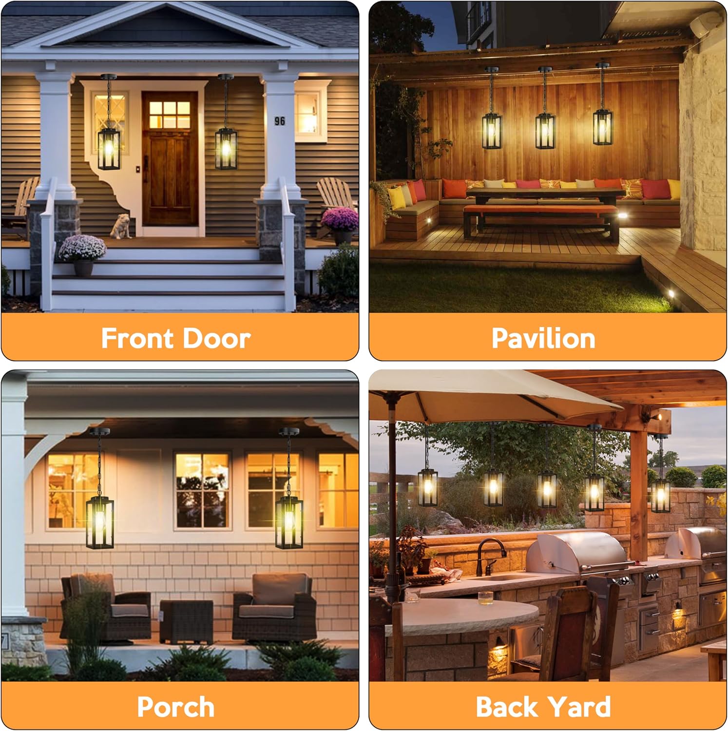 Outdoor Pendant Light, 11" Porch lights Outdoor Chandelier Hanging Ceiling Lights, Black Aluminum Lightshade with Tempered Glass, Exterior Lighting Fixture for Porch Yard Gazebo, 1 Pack, No Sensor