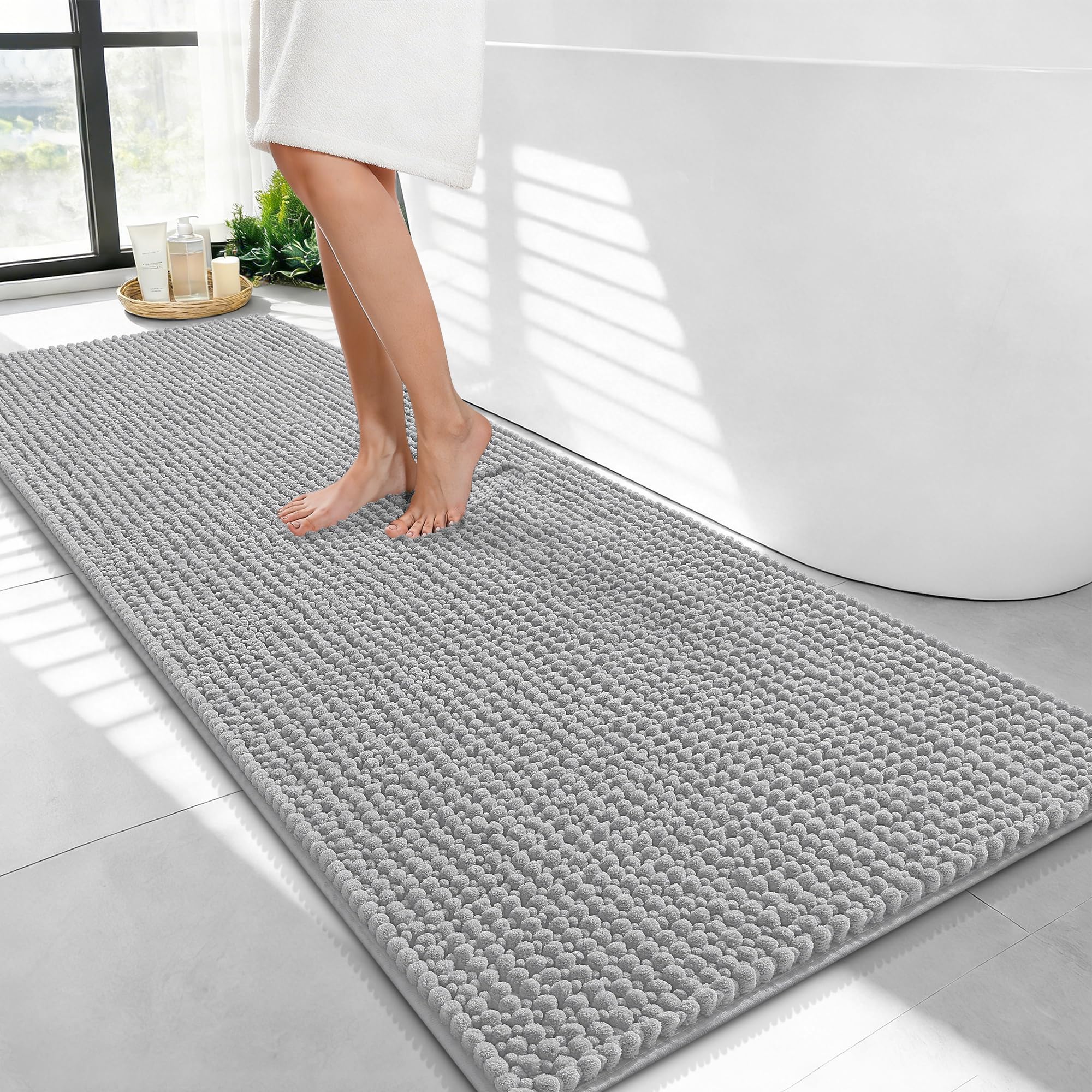 OLANLY Thick Chenille Bathroom Runner Rugs Mats 47x24, Light Grey