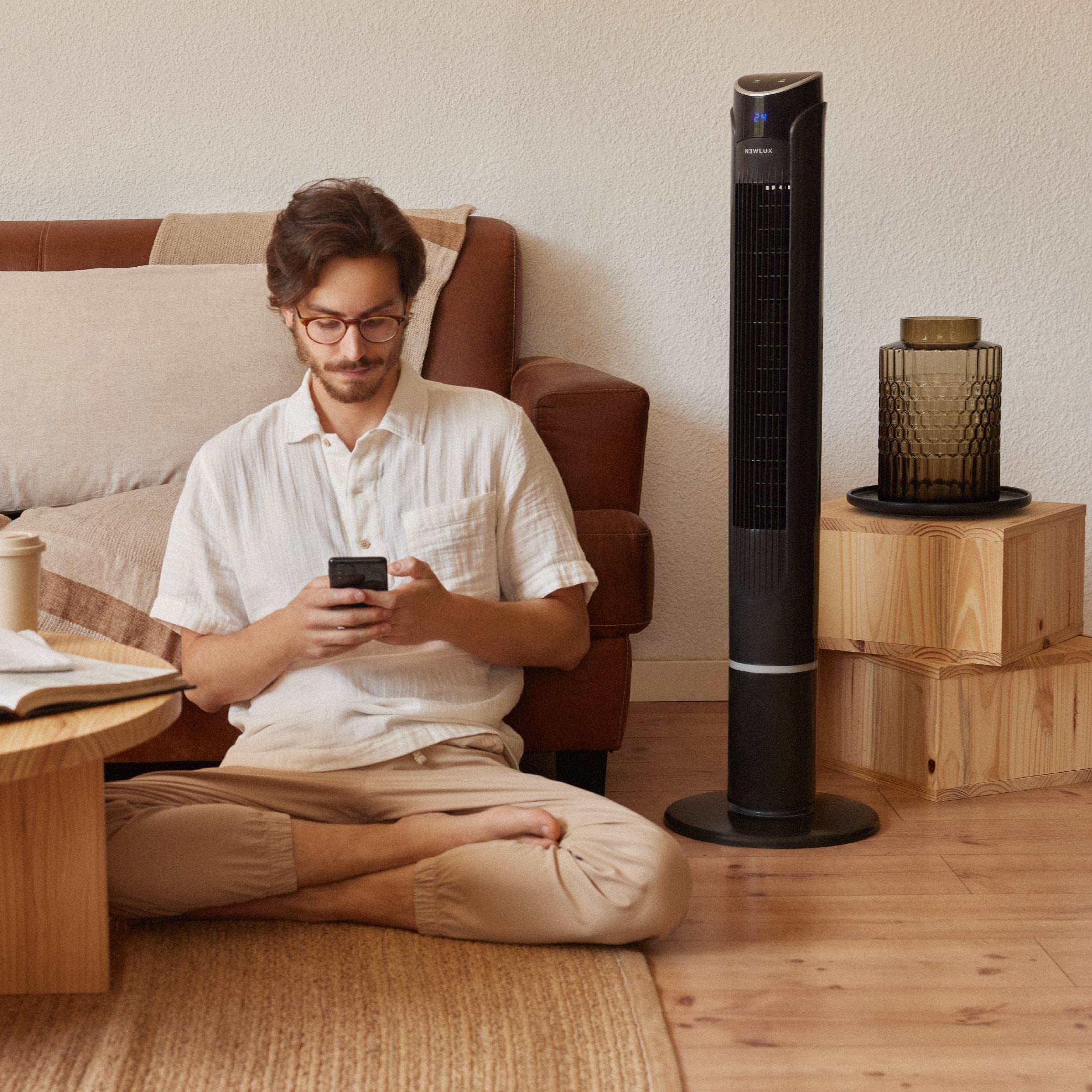 Newlux - Turmventilator ohne Flügel W130 (45 W) mit Höhe 103,5 cm, 3 Stufen, 3 Modi, 70° Oszillation, 12h Timer und kompaktes Design, Standventilator mit Fernbedienung (schwarz)