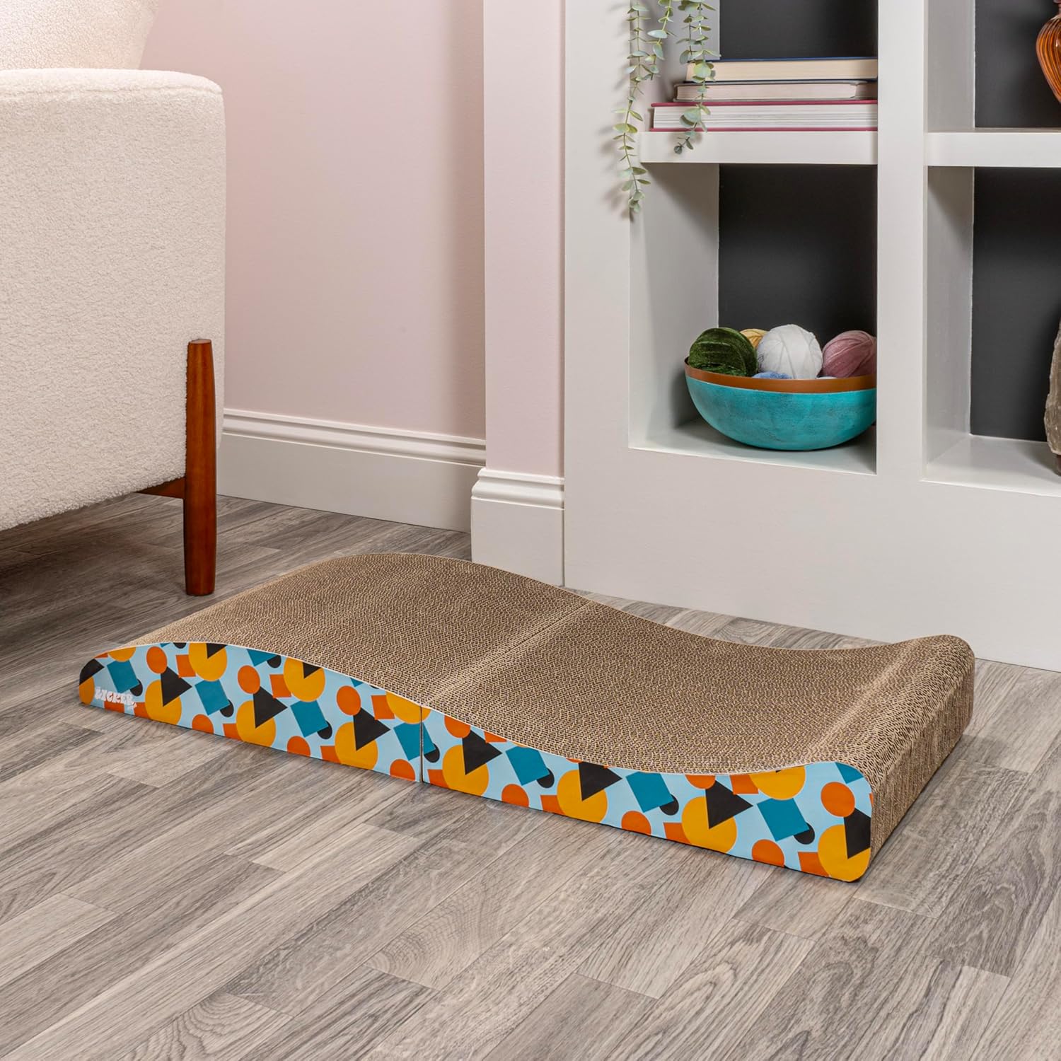 CSR1011A Eero 32" Modern Cardboard Foldable Lounge Cat Scratcher with Catnip, Blue/Orange