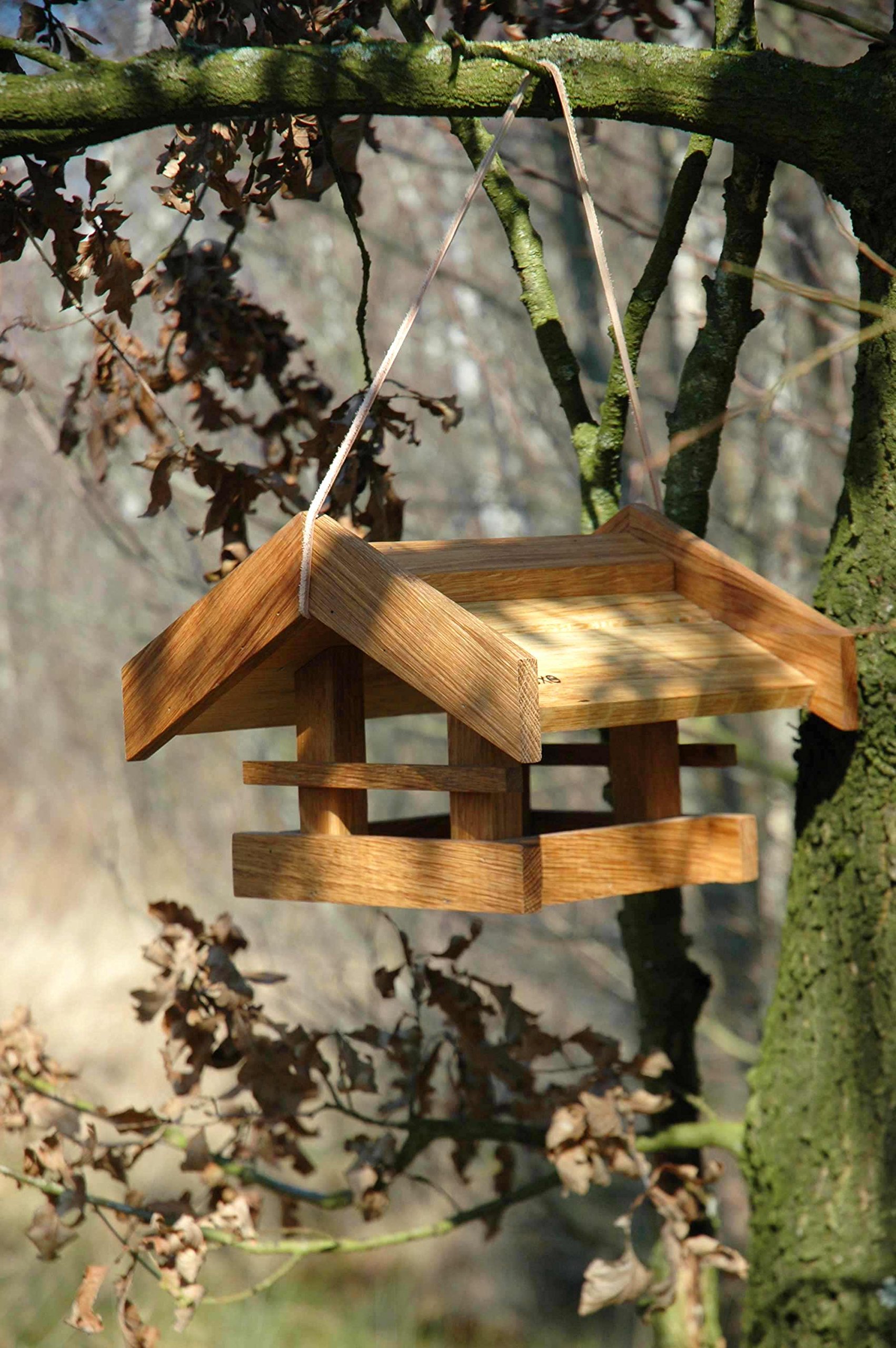 Luxus-Vogelhaus, casetta per uccelli, in legno di quercia oliato, con cordino per appenderla in giardino