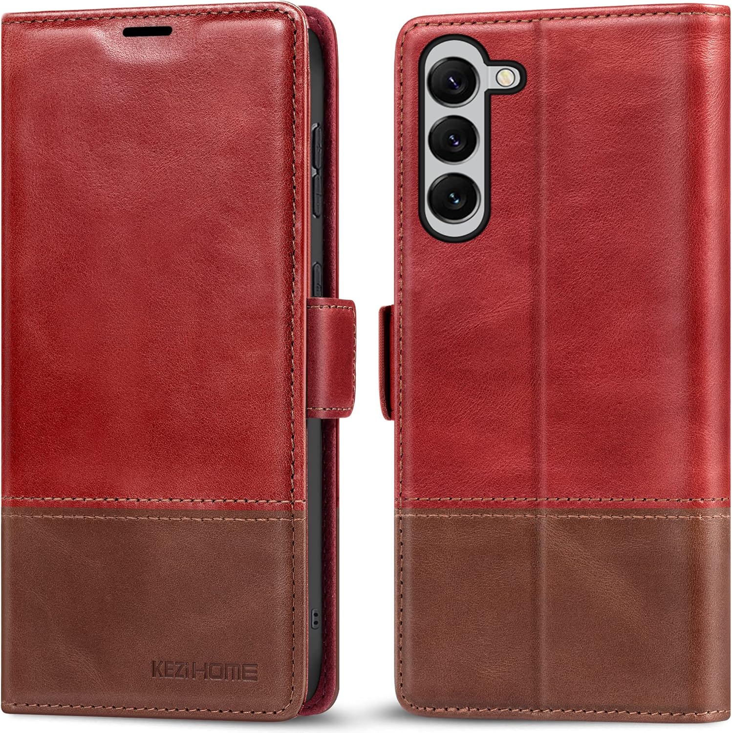 KEZiHOME Case for Samsung Galaxy S23 5G, Genuine Leather [RFID Blocking] Wallet Case Magnetic Folio Flip with Card Slots Kickstand Shockproof Cover Compatible with Galaxy S23 (2023) (Red/Brown)