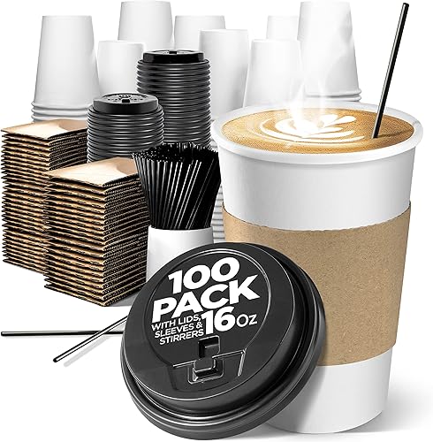 Miniatura 10 de Tazas de café desechables blancas con tapas, 16 onzas (paquete de 50), tazas de café de papel para bebidas calientes y frías, café, té, chocolate