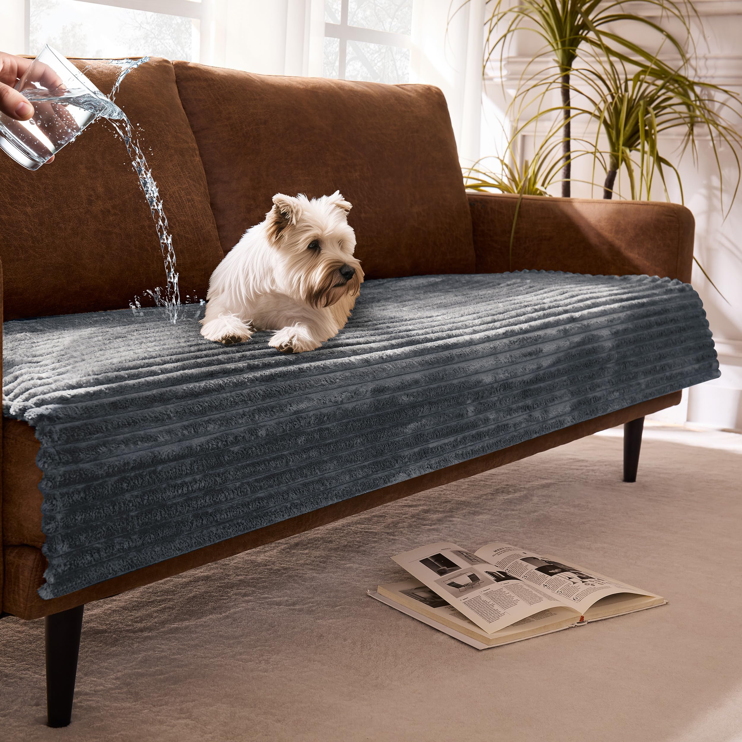 Meider Dual Non-Slip Couch Cover for Dogs Waterproof, Fuzzy Soft Pet Couch Covers for Sofa 3 Cushion, Pet Friendly Soft Dog Bed Covers Sofa Cover Washable (Titanium gray, 33" x 95" 1 Pack)
