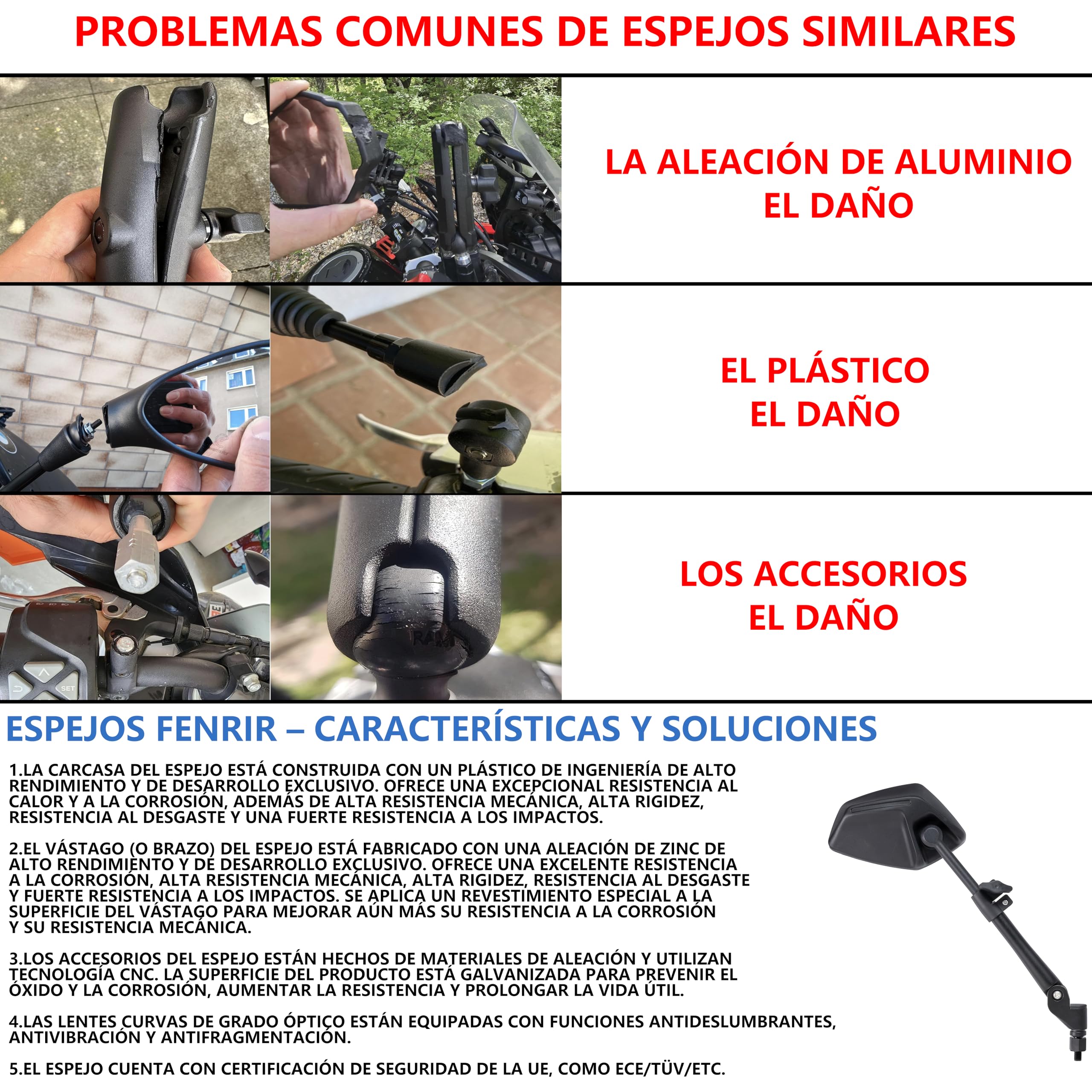 FENRIR Homologados Espejos Moto Retrovisores Indestructibles Función Plegable Antirreflejantes Lentes Curvos Antivibración Ajustables compatibles con los Off-road Enduro Adventure Tourer (801-0118)