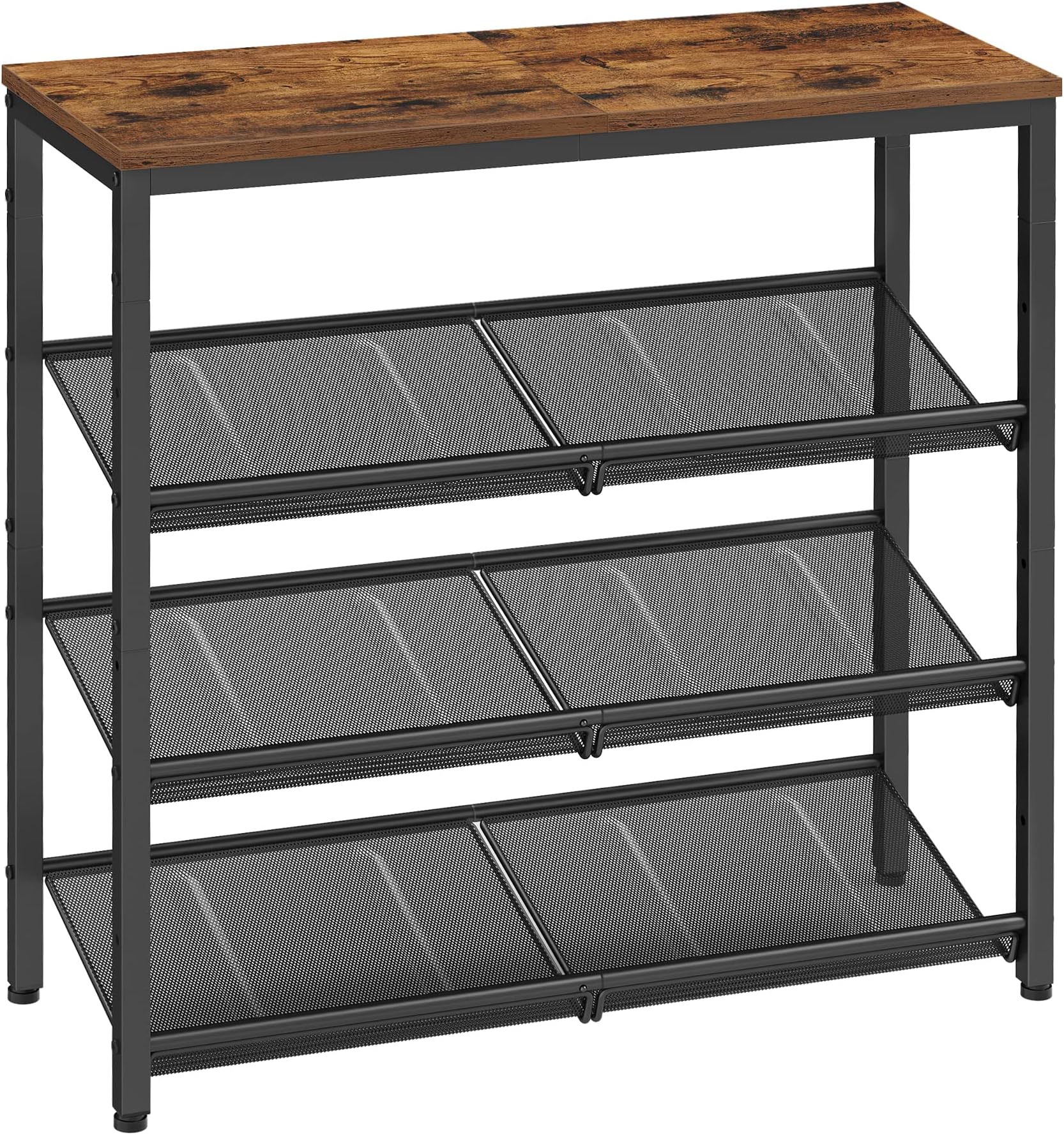 Shoe Rack, 4-Tier Shoe Storage with Shelves and Large Top, Adjustable Mesh Shelves, Space-Saving for Entryway, Hallway, Steel, Industrial, Rustic Brown and Ink Black LBS040B01