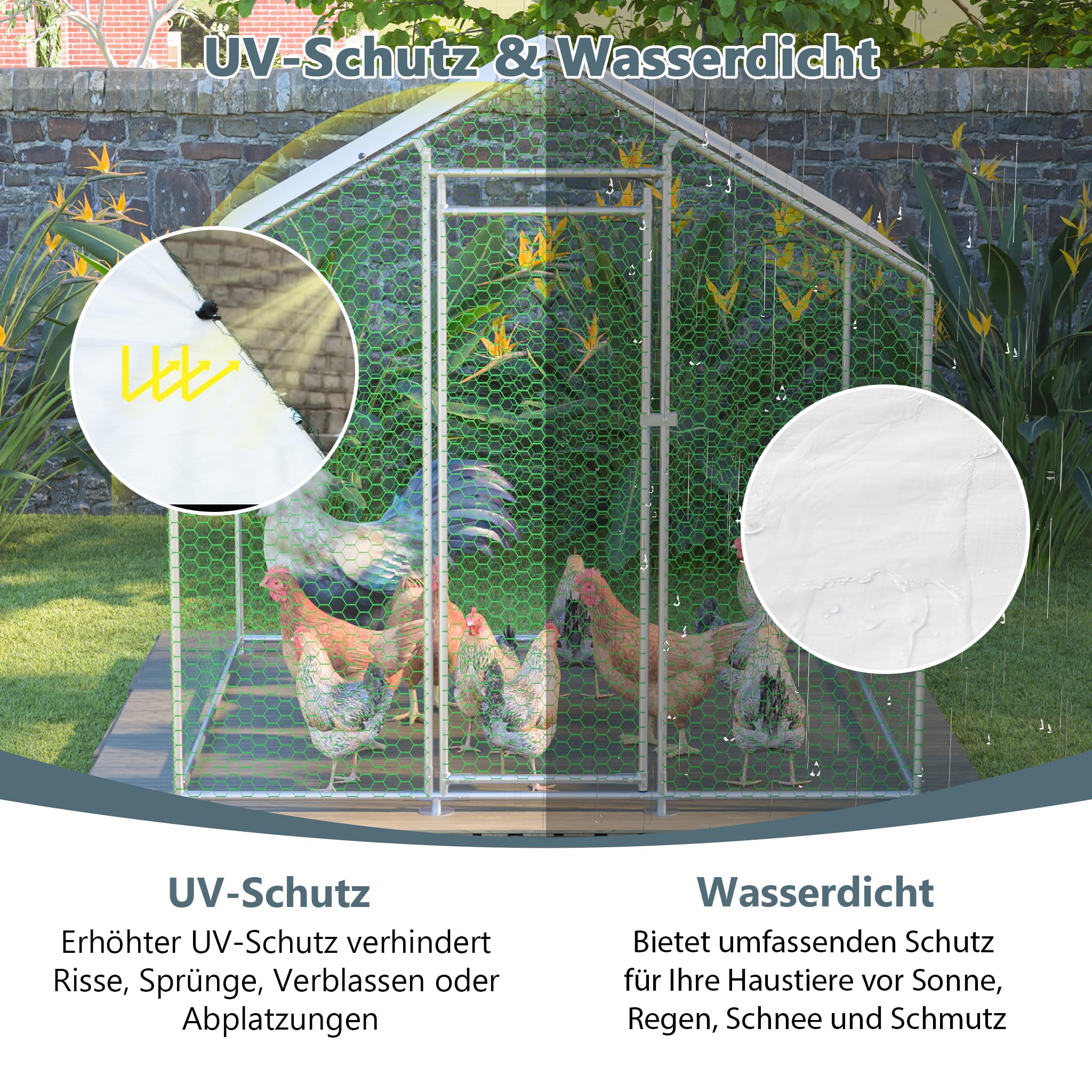 Redkid Corral Metálico para Gallinas 4m² 2x2x2m, Recinto Exterior para Gallinas, Conejos y Pequeños Animales, Lona PE Impermeable, Cierre de Seguridad