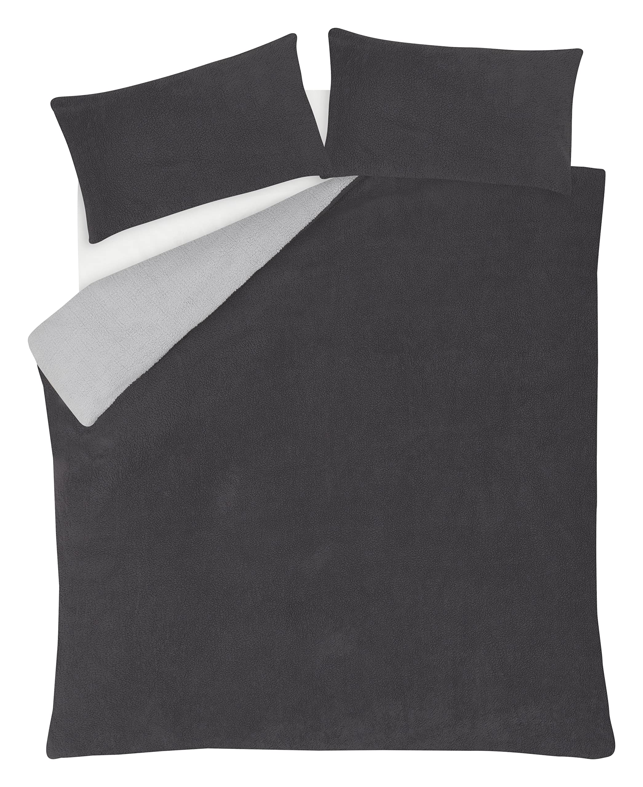 Sleepdown Reversible Teddy Fleece Thermal Warm Cosy Super Soft Duvet Cover Quilt Bedding Set with Pillow Cases - King (220cm x 230cm) - Grey/Charcoal, 5056242826569