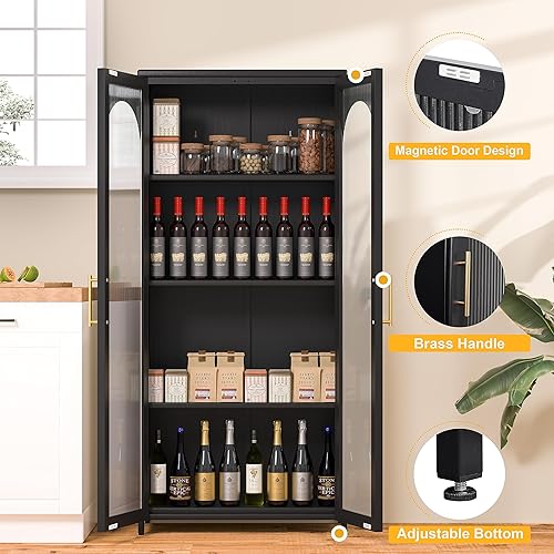 Miniatura 4 de Armario de almacenamiento de metal con puertas de cristal, armario de sala de estar de 4 niveles con estantes ajustables, gabinete de acento