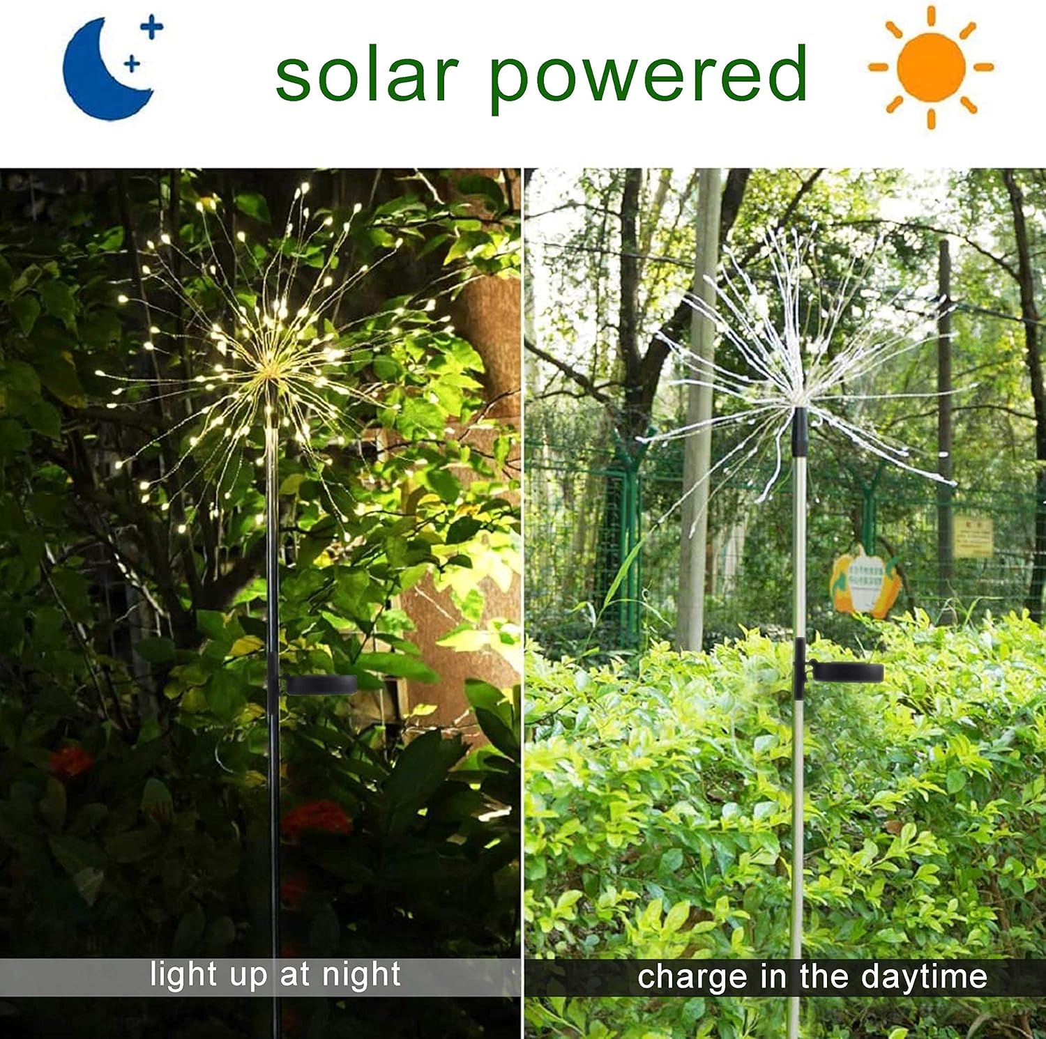 2 Pack Solar Garden Lights, 120 LED Solar Firework Lights Outdoor, Decorative Stake String Lights for Walkway Backyard Pathway Patio Christmas Wedding Party (4, Warm White)