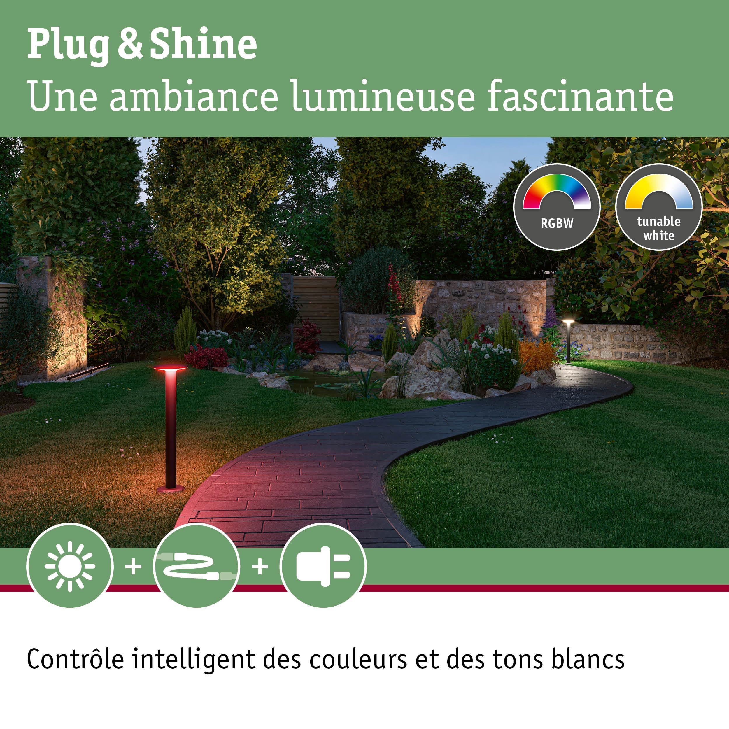 Paulmann 94750 Plug & Shine Borne lumineuse LED Plate IP44 5W 200lm gradable 600 mm Anthracite métal/plastique RGBW+ 3000-6500K résistant eau de mer