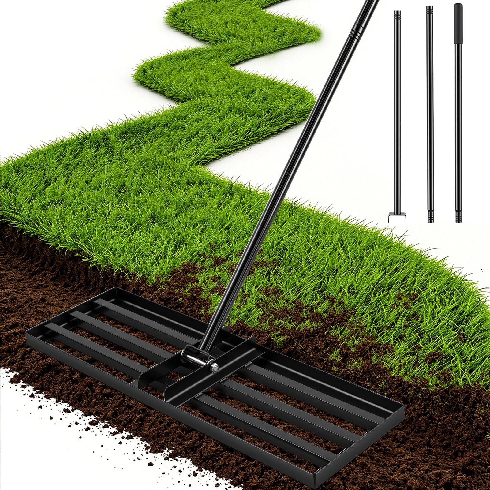 wowspeed Lawn Leveling Rake, 76x25cm Lawn Leveller with Adjustable Length, Garden Rake with 200cm Handle, Stainless Steel Leveller Rack for Ease Leveling Soil Sand, Ideal for Yard Garden Golf Course