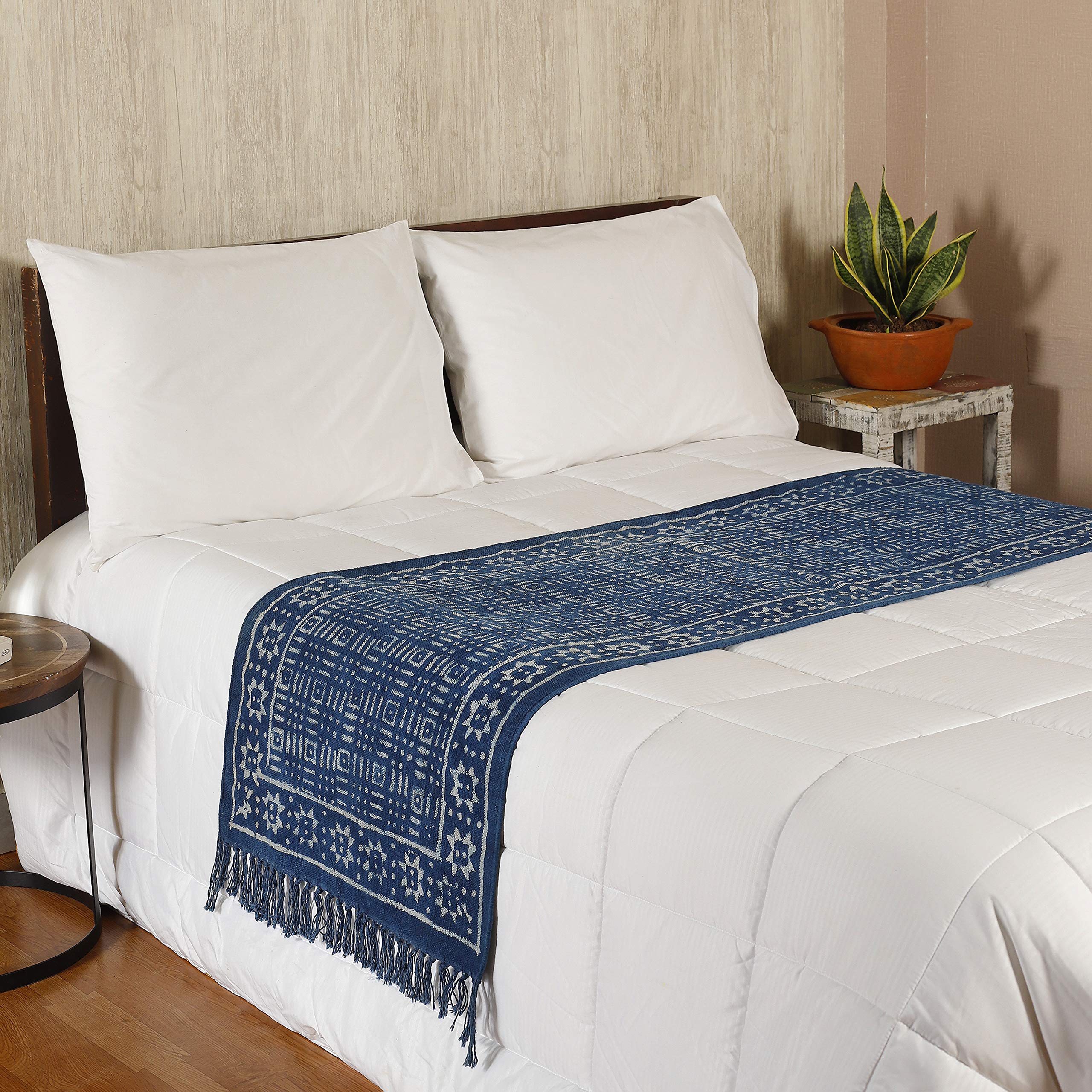 Handicraft-Palace Block Printed Cotton Floor Runner Bed Table Runner Carpet Rug (Blue)