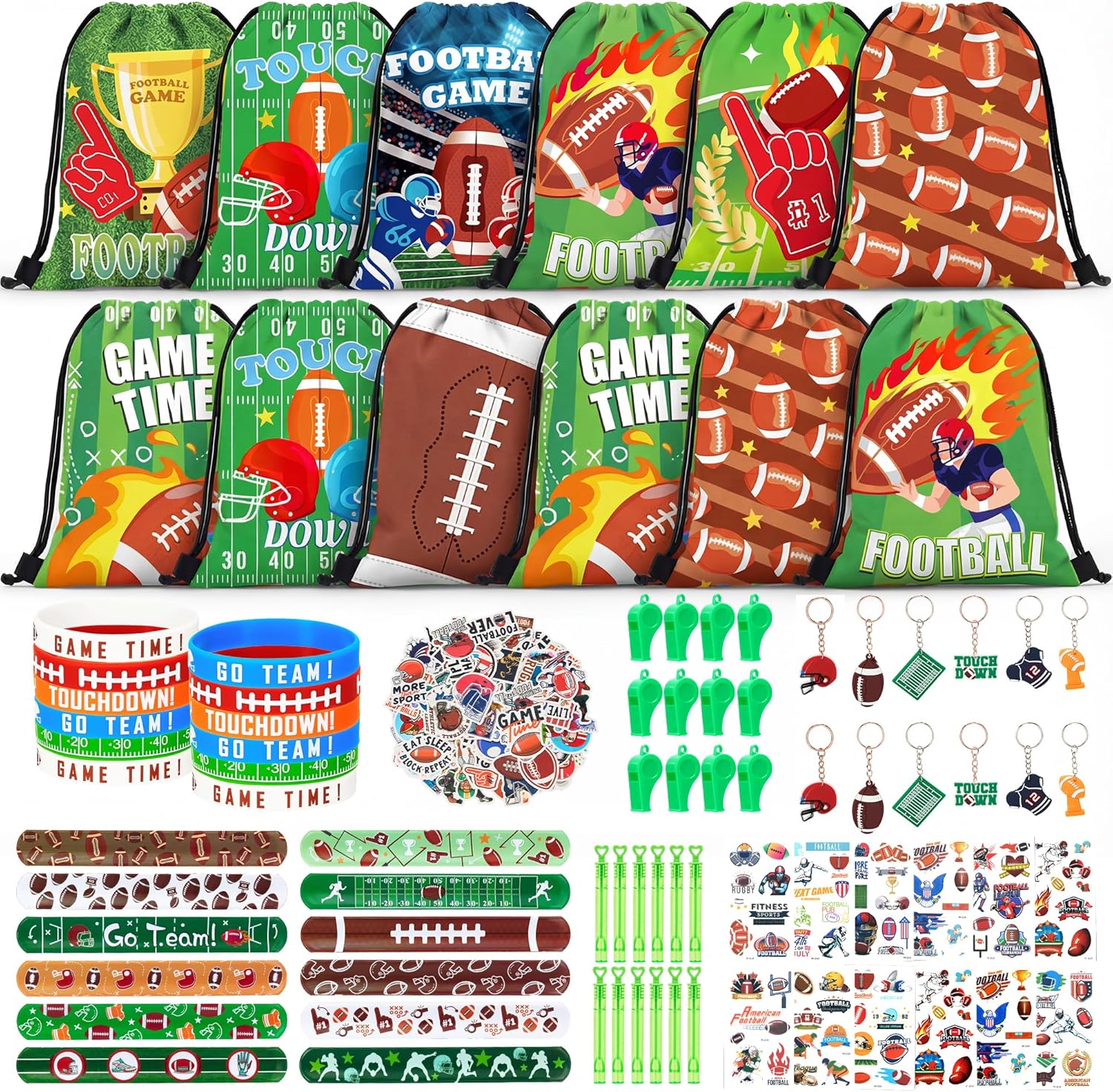 184 Pcs Football Party Favor Football Goodie Bag Stuffers Includes Drawstring Bags Wristband Slap Bracelet Keychain Whistle Tattoo Stickers Bubbles for Team Gift Football Birthday Party Supplies