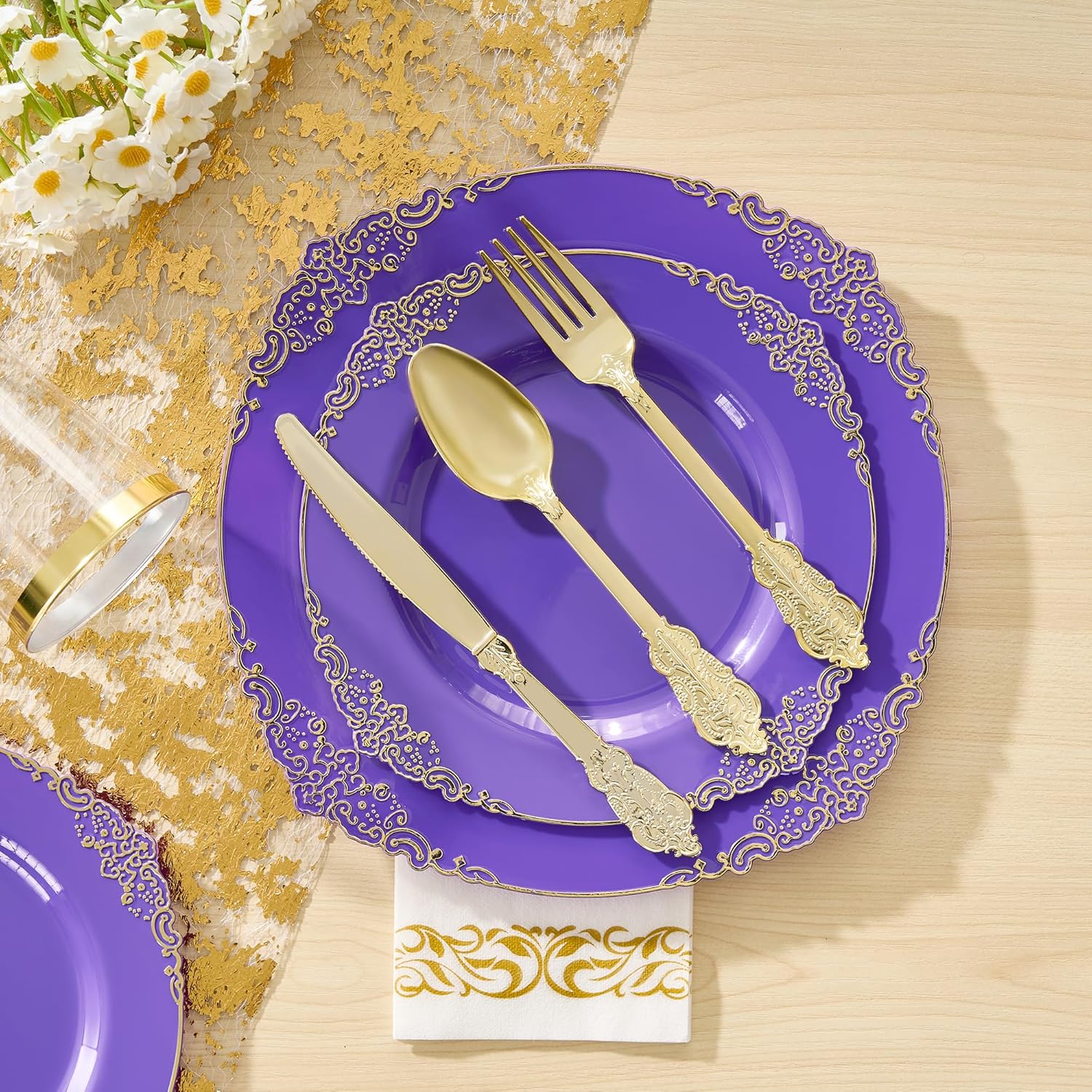 Fijinhom 350pcs Purple Plastic Plates, Elegant Disposable Dinnerware Set, 125 Pieces, White and Gold, Plates, Cups, Cutlery and Napkins (Purple, 50 Guests)