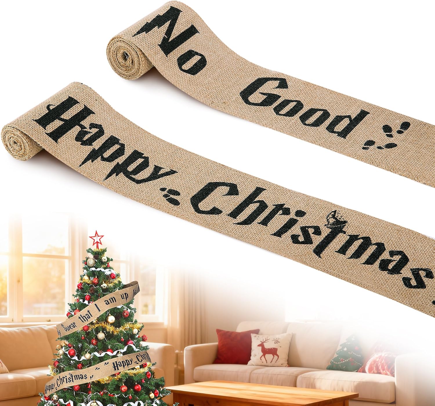 2 Pcs 62''x 4'' Christmas Tree Burlap Ribbon Garland, Wizard Burlap Ribbon Tree Decoration, Xmas Rustic Burlaps Ribbon Decor for Christmas Winding Hanging Home DIY Craft