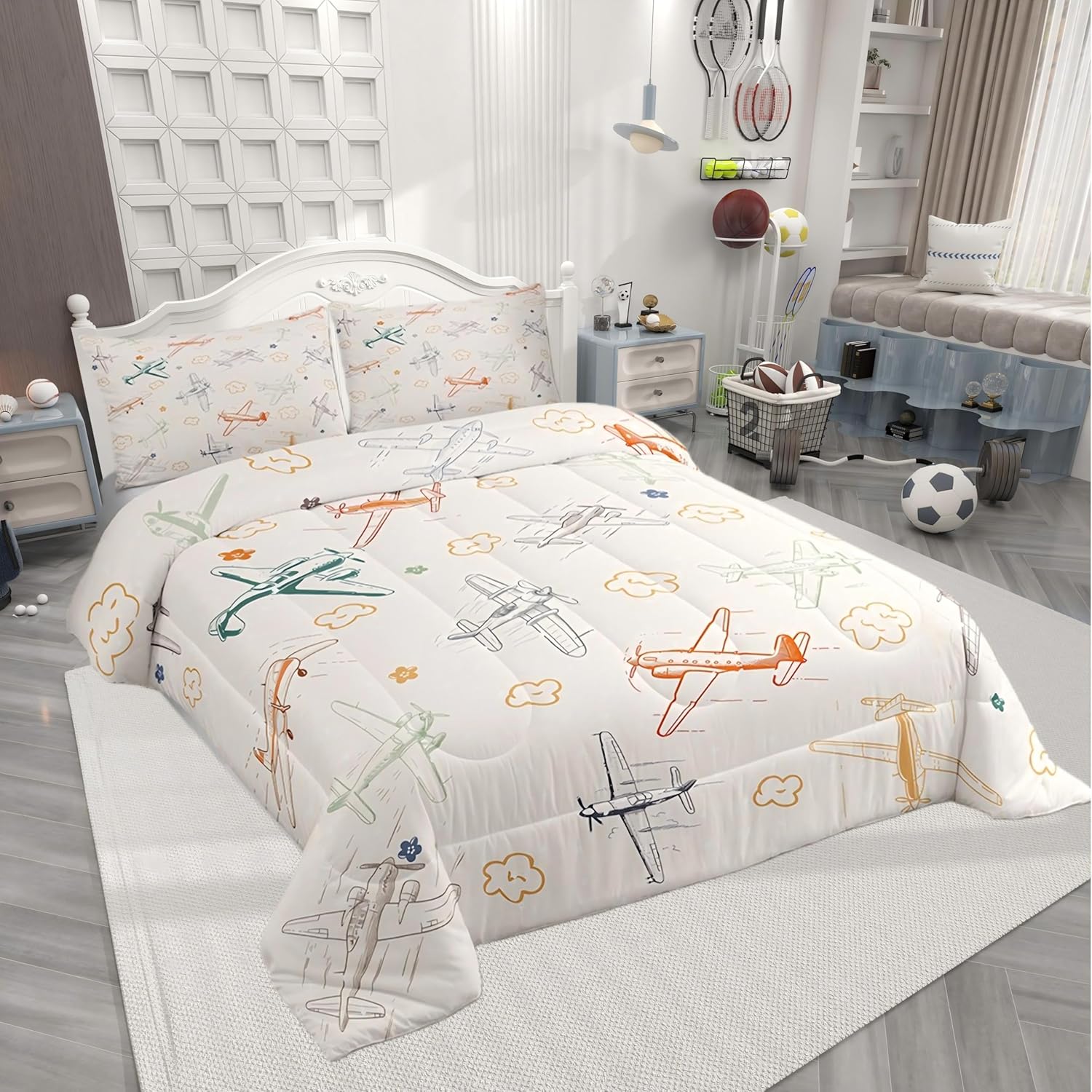 Castle Fairy Colorful Aircraft Bedding Sets Kids Airplane Print Comforter Set Boys Girls Bedroom Decor Aircraft Flying Theme Blanket Microfiber Sketch Style Light Yellow Quilt Set Full Size 3 Pcs
