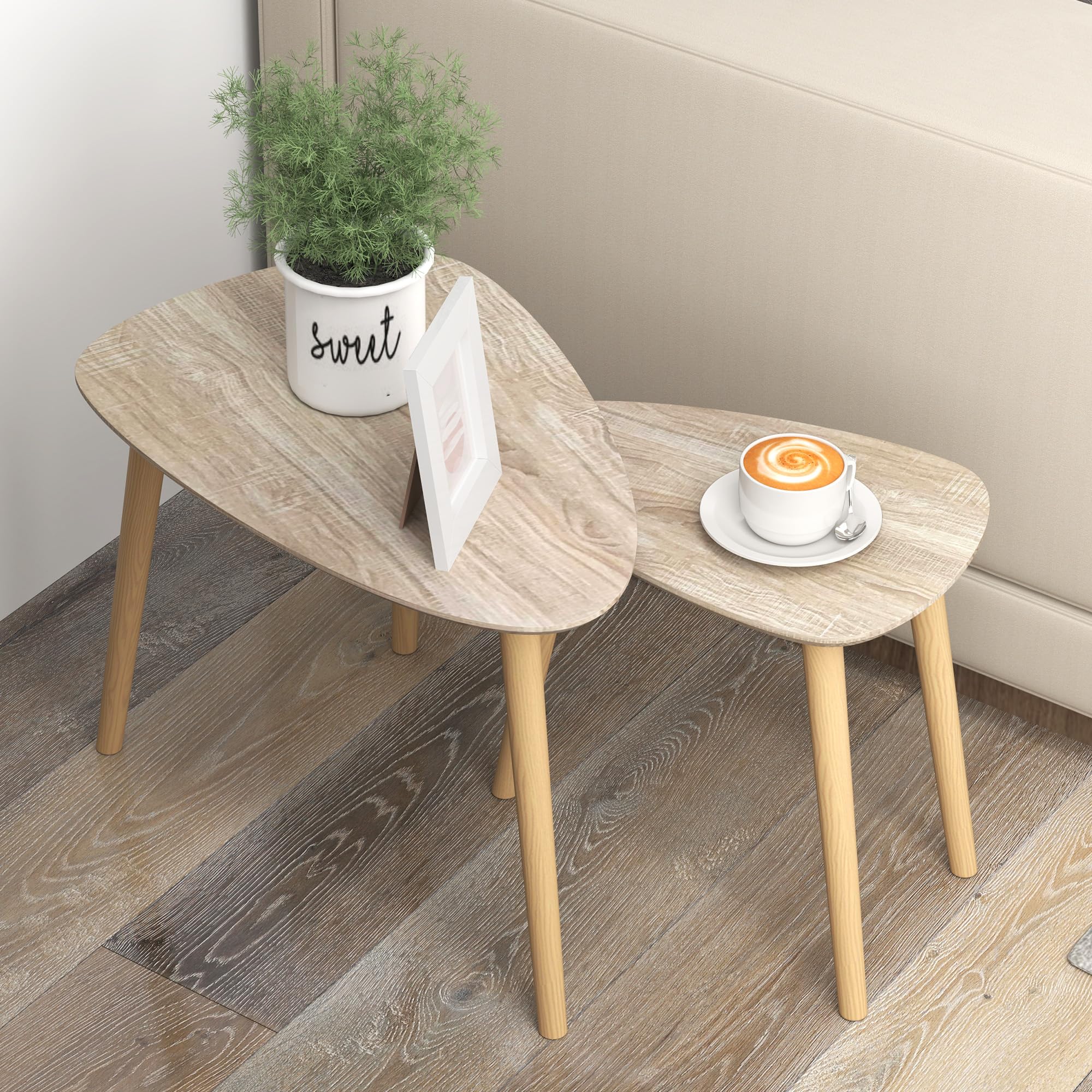 HOMCOM Juego de 2 Mesas de Centro, Mesa Nido Moderna, Mesitas Auxiliares, Patas de Madera de Pino, para Salón, Dormitorio, Oficina, Madera Natural