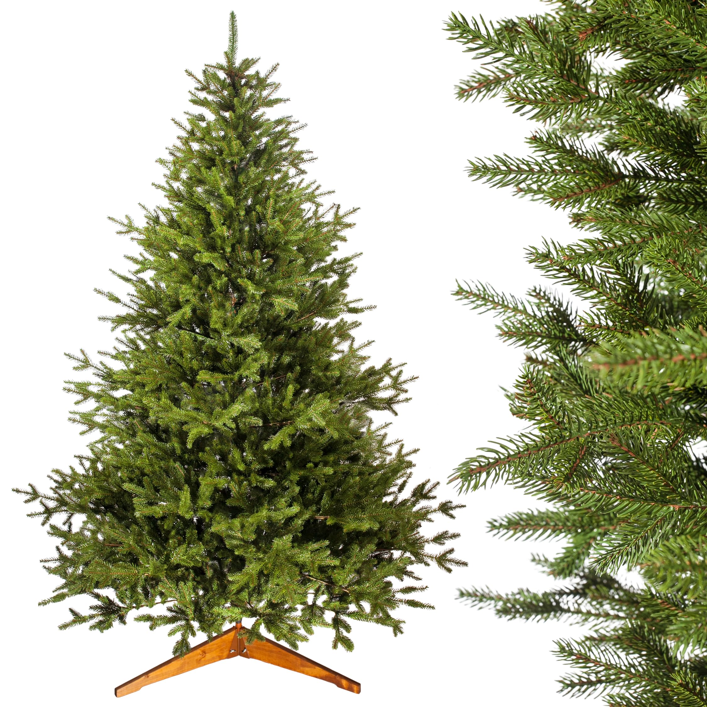 Evergreen Tree® Sapin de Noël Artificiel 180 cm Réaliste - 100% Moulé par Injection, Fabriqué dans l’UE - Sapin Artificiel à L’Aspect Naturel avec Support en Bois Naturel