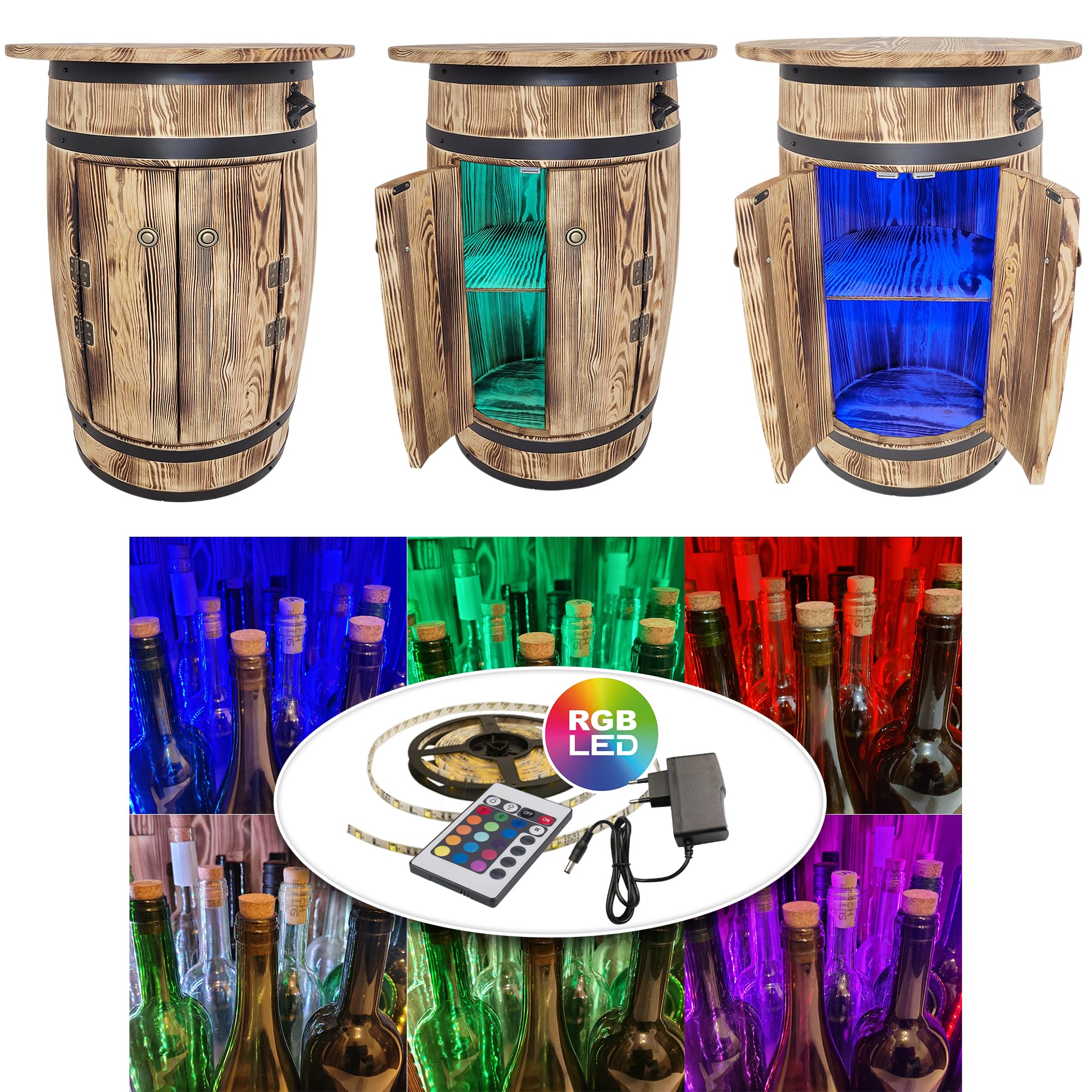 weeco Holzbar Fass mit RGB LED Ablage zur Aufbewahrung von Alkohol, Dekoratives Barschrank mit Regalböden und Türen, Weinregal für Wohnzimmer oder Küche, 80x55x44 cm