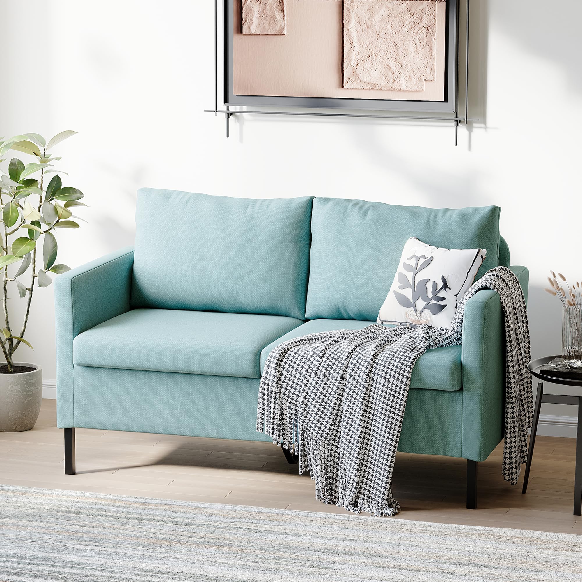 TYBOATLE 51" W Linen Fabric Upholstered Modern Loveseat Sofa Couch for Living Room, Love Seats 2-Seater Furniture w/Iron Legs for Compact Space, Apartment, Bedroom, Dorm, Office, Aqua Blue