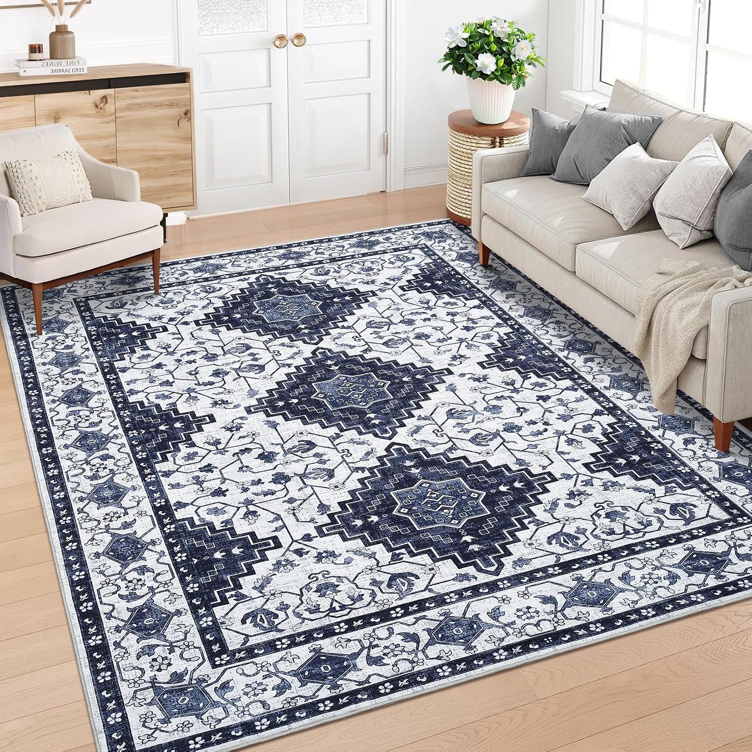 Vintage 8x10 Large Living Room Washable Rug Non-Slip Soft Bedroom Area Rug Thin Traditional Geometric Throw Carpet for Nursery Playroom Dining Room Indoor Office Home Decor, Blue