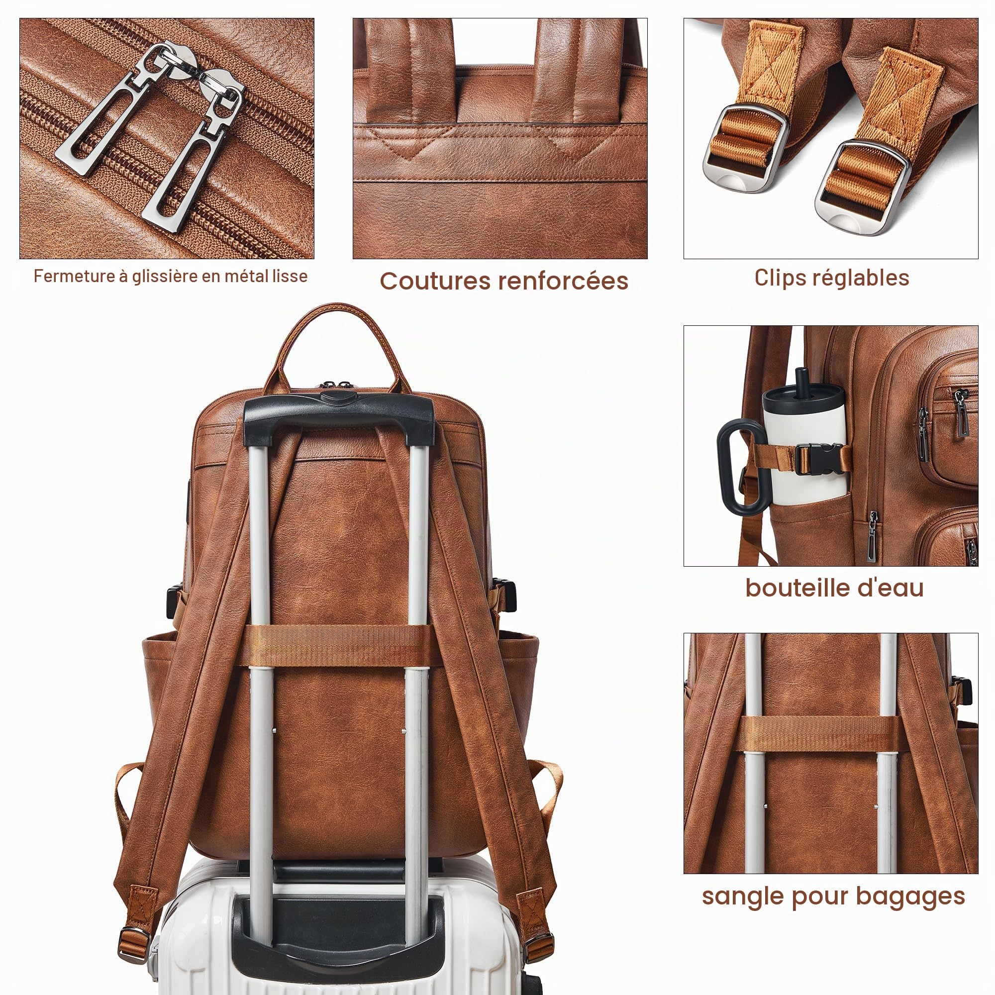 Sac à Dos en Cuir Végan Homme et Femme, Compatible avec Ordinateur 17 Pouces, Sac à Dos de Voyage Cabine avec Sangle Valise, Design Élégant, Brown