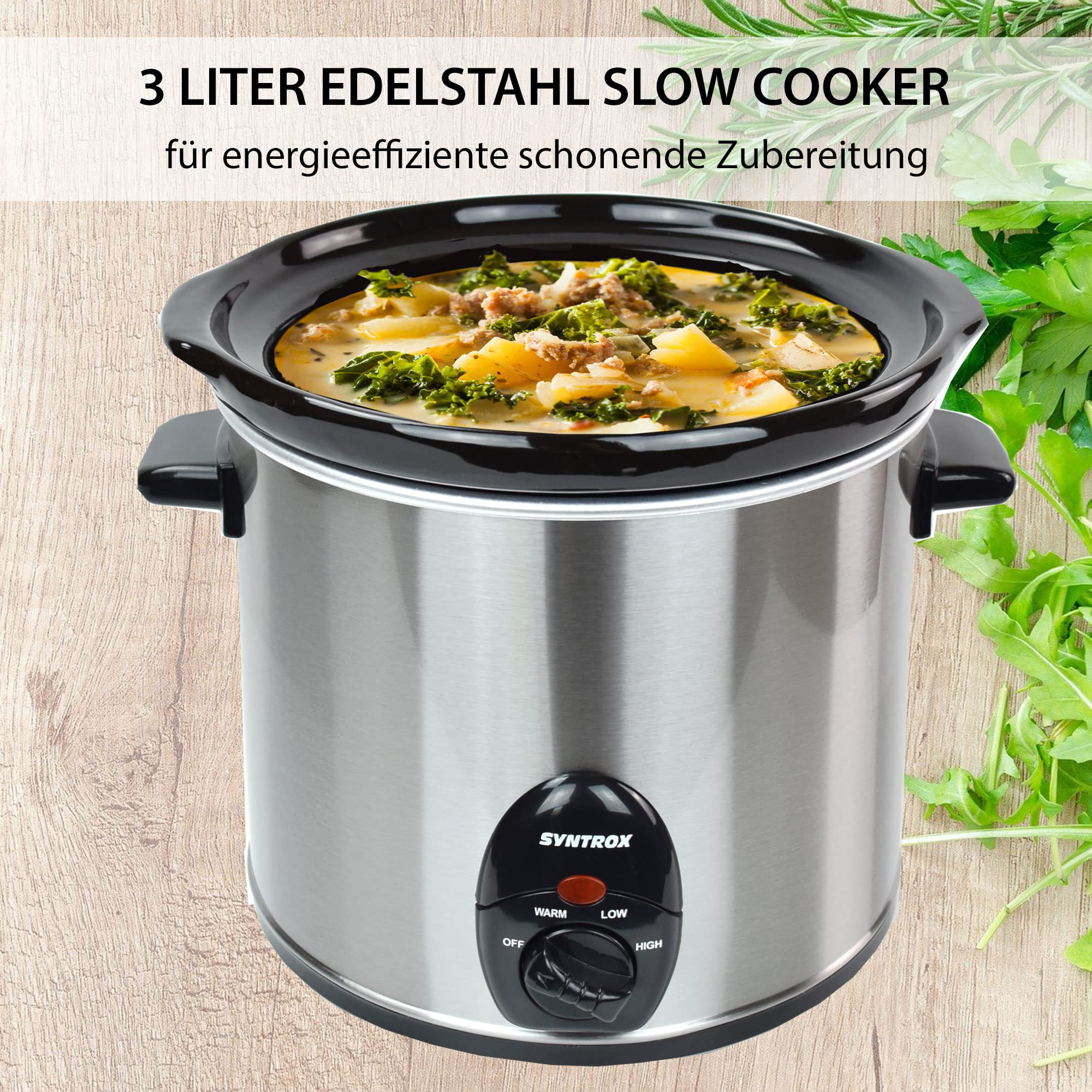 Syntrox Germany Slow Cooker Schongarer 3 Liter mit Warmhaltefunktion, Glasdeckel und robuster Keramikschüssel 200 Watt