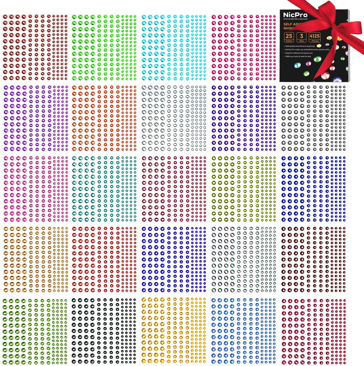 Nicpro Rhinestone Stickers 4125 PCS, Self Adhesive Face Gems Stick on Body Jewels Crystal in 3 Size 25 Colors,25 Embellishments Sheet for Decorations Crafts Nail Makeup