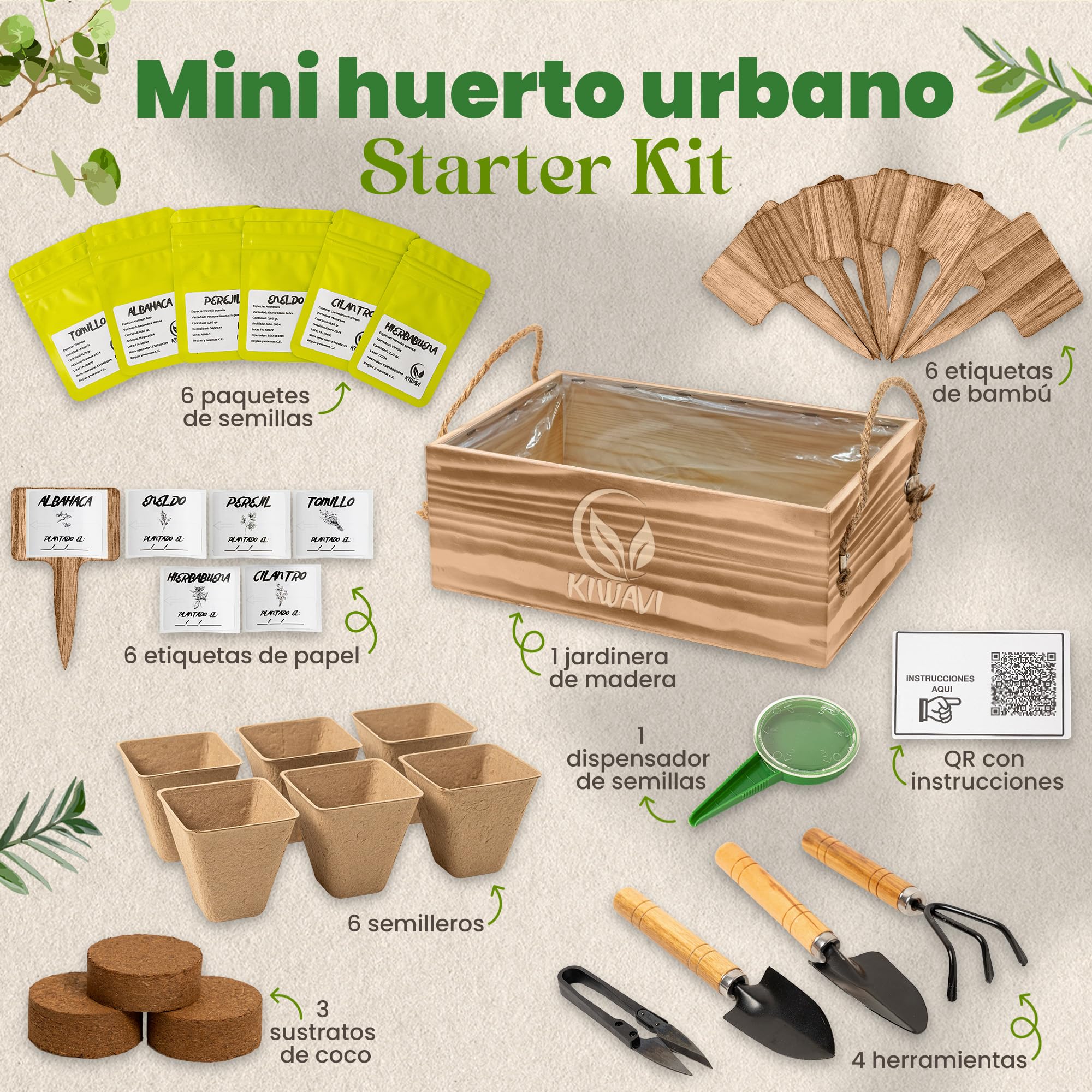Mini Huerto Urbano para Interior - Kit de Cultivo de Plantas Aromáticas (Albahaca, Perejil, Cilantro, Hierbabuena, Eneldo, Tomillo) | Huerto en Casa con Semillas