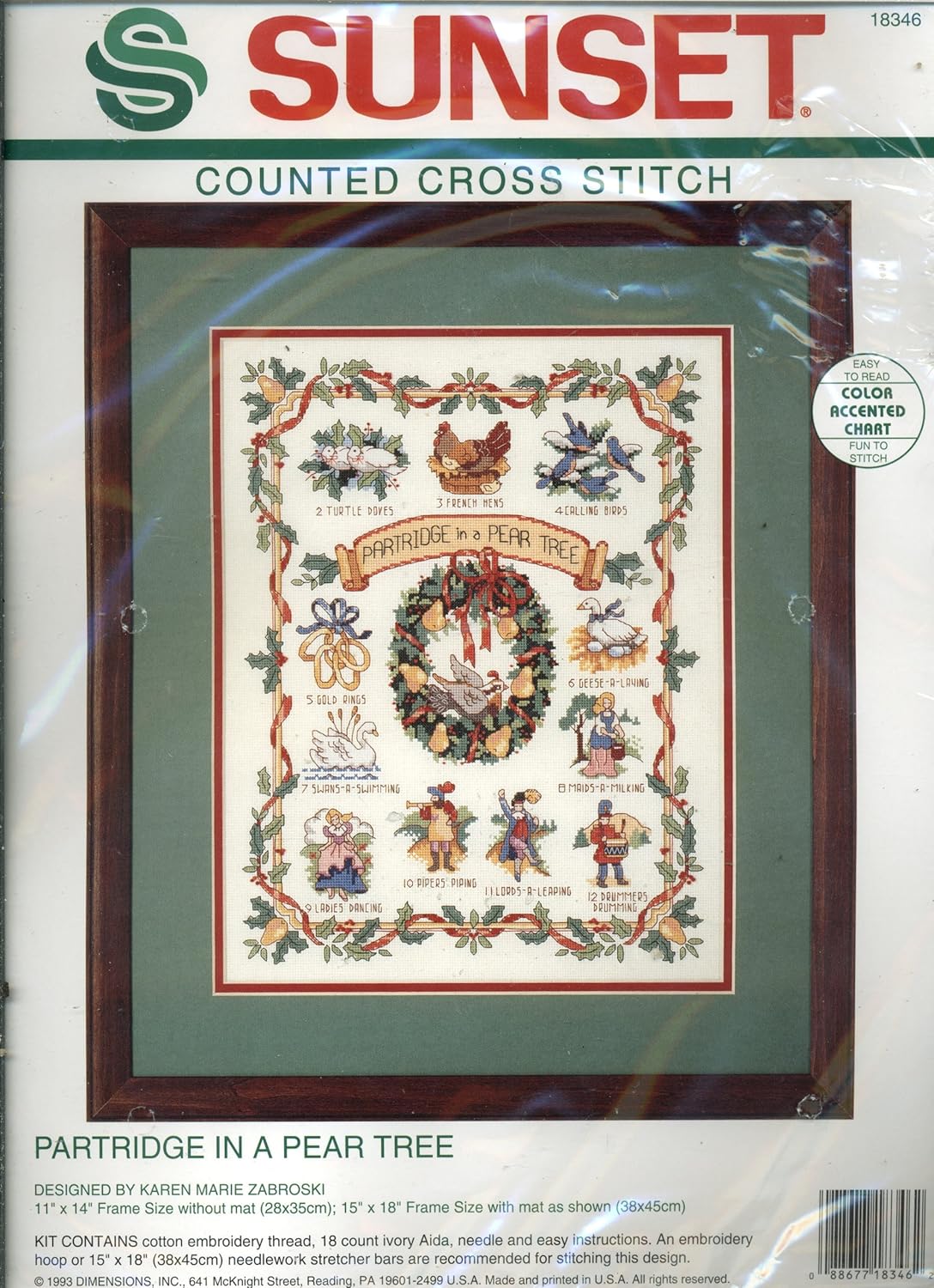 Sunset Counted Cross Stitch Kit - Partridge in a Pear Tree (Twelve Days of Christmas Carol Theme) Kit Designed by Karen Marie Zabroski