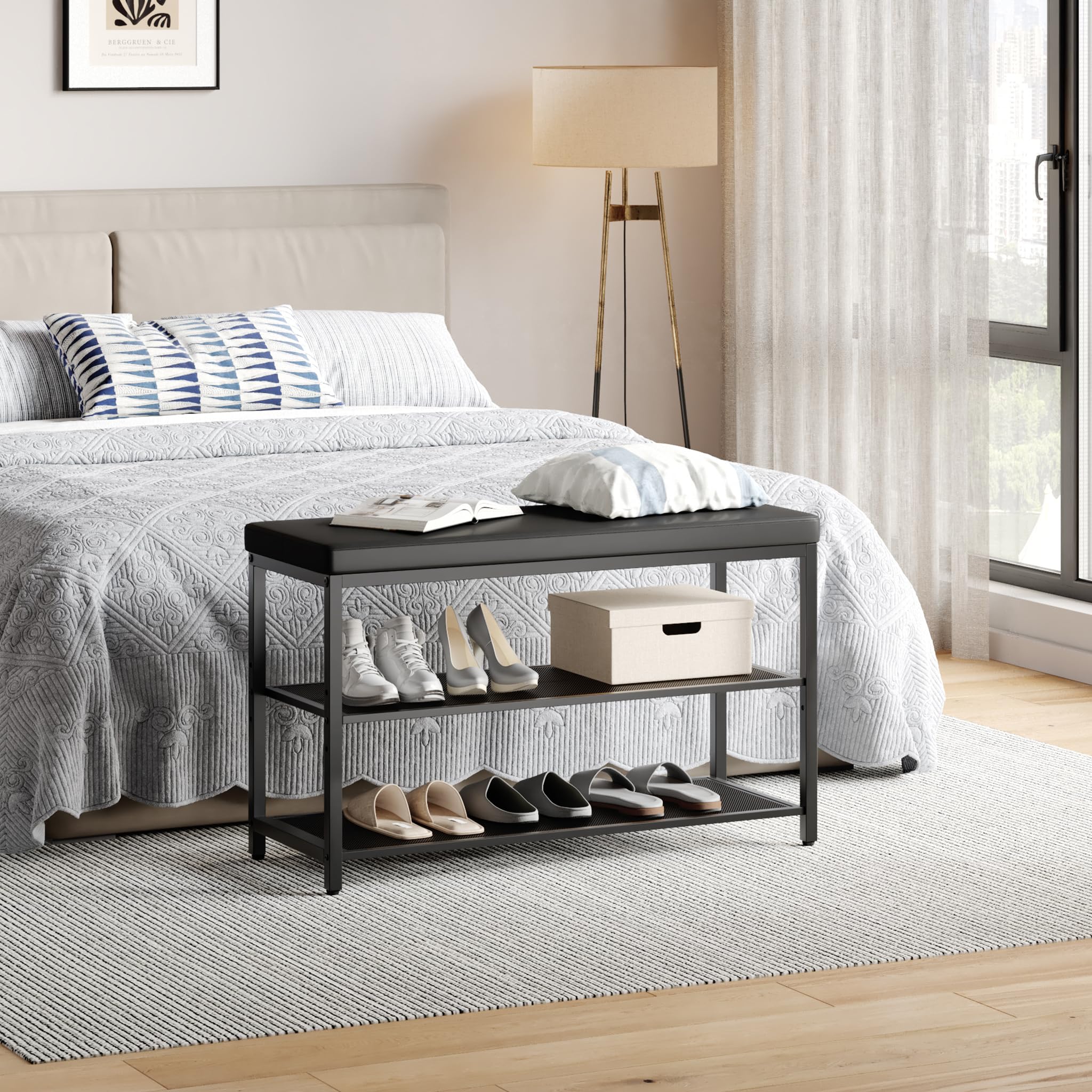 Mondeer Schuhregal mit sitzbank Polsterauflage schwarz 80x30x50 | Schuhgitter verstellbar. Kunstleder, leicht reinigbar. Metall stabil , Schuhaufbewahrung. Für Flur, Diele, Wohnzimmer.