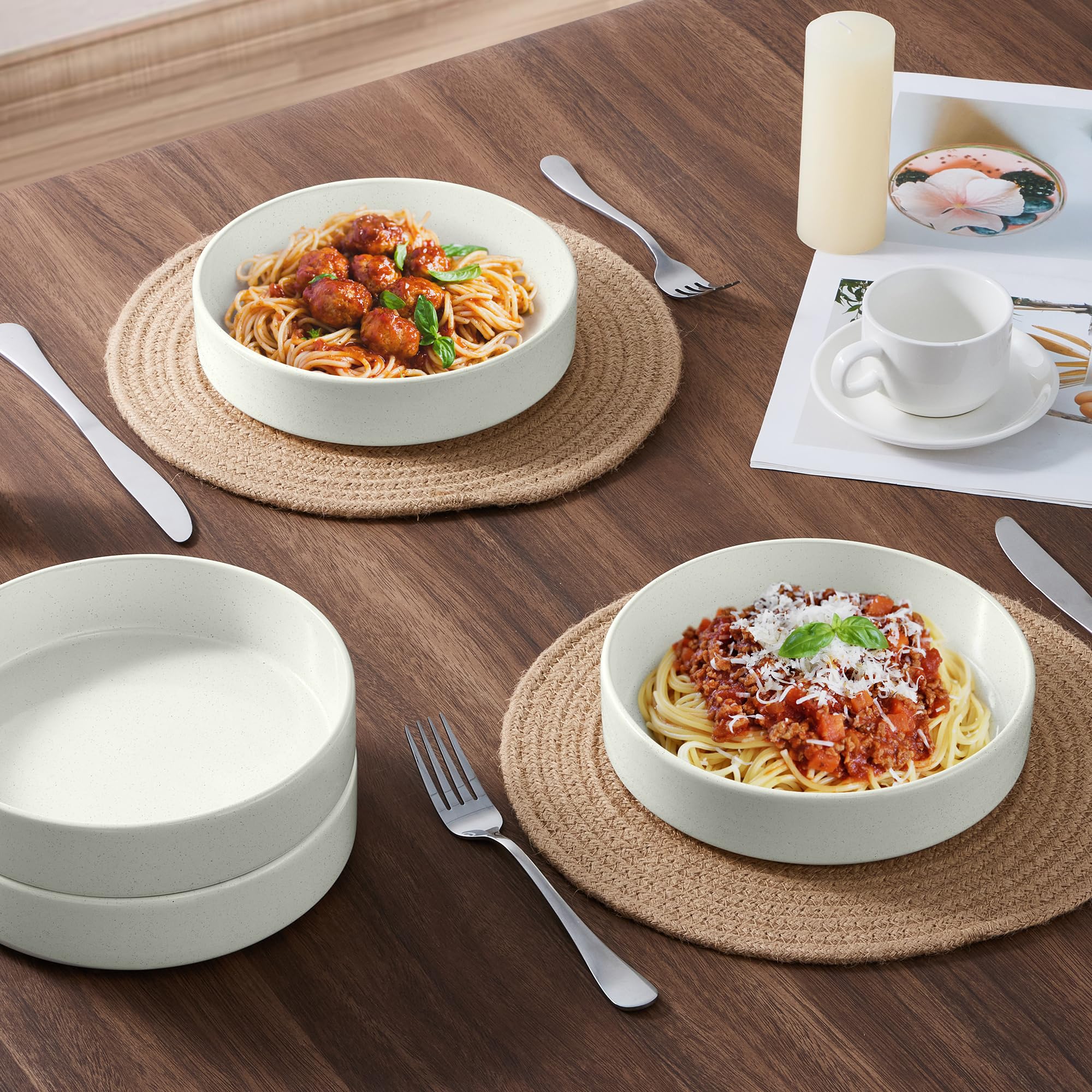 E-far Juego de 4 cuencos para pasta, platos grandes de cerámica de 35 onzas para servir sopa, platos de pasta de gres poco profundos, aptos para microondas y lavavajillas, color blanco moteado