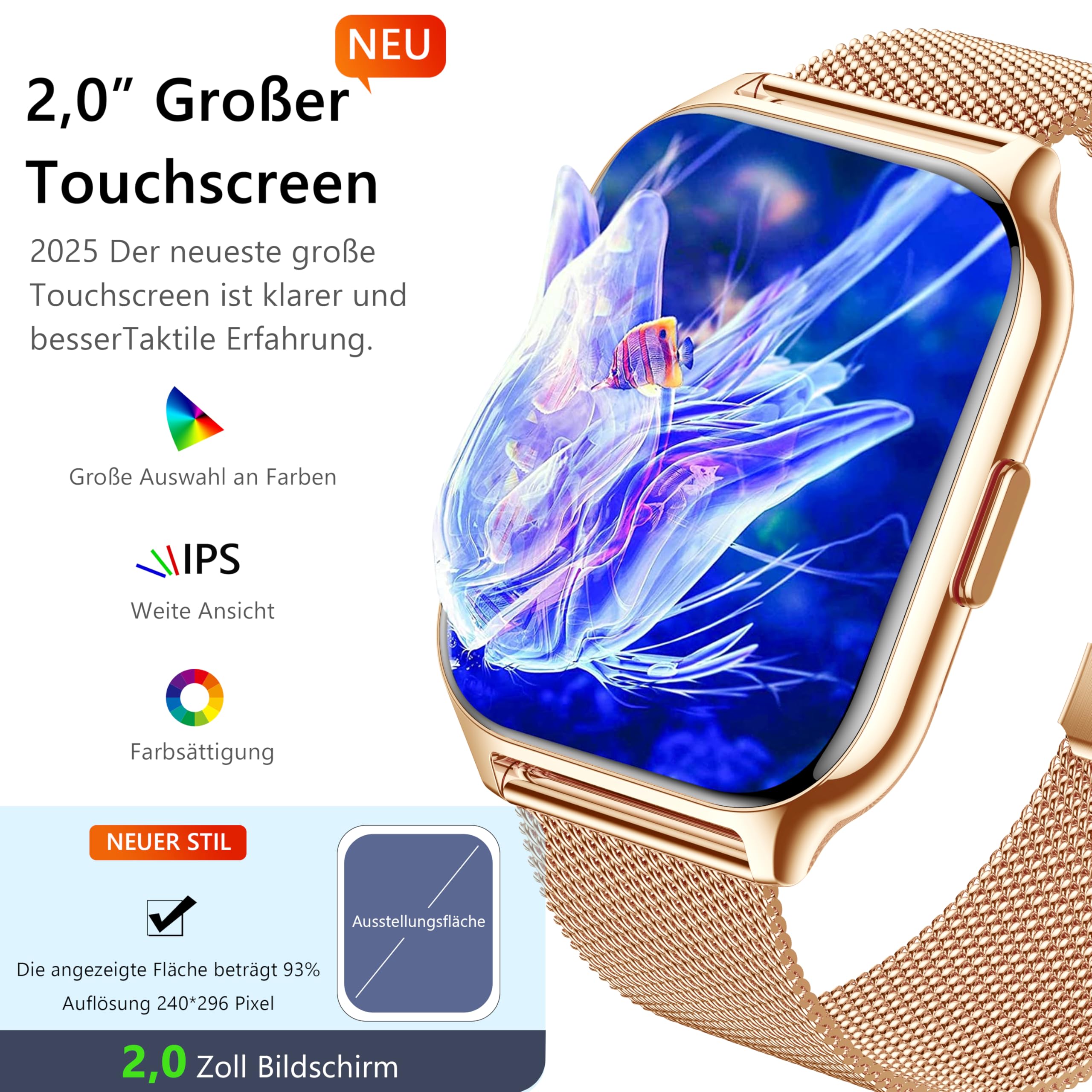 Smartwatch Damen Herren Fitnesstracker 2 Zoll Touch-Farbdisplay Telefonfunktion Blutdruckmessung Herzfrequenz Schlafmonitor SpO2 Sportuhr Schrittzähler Android iOS