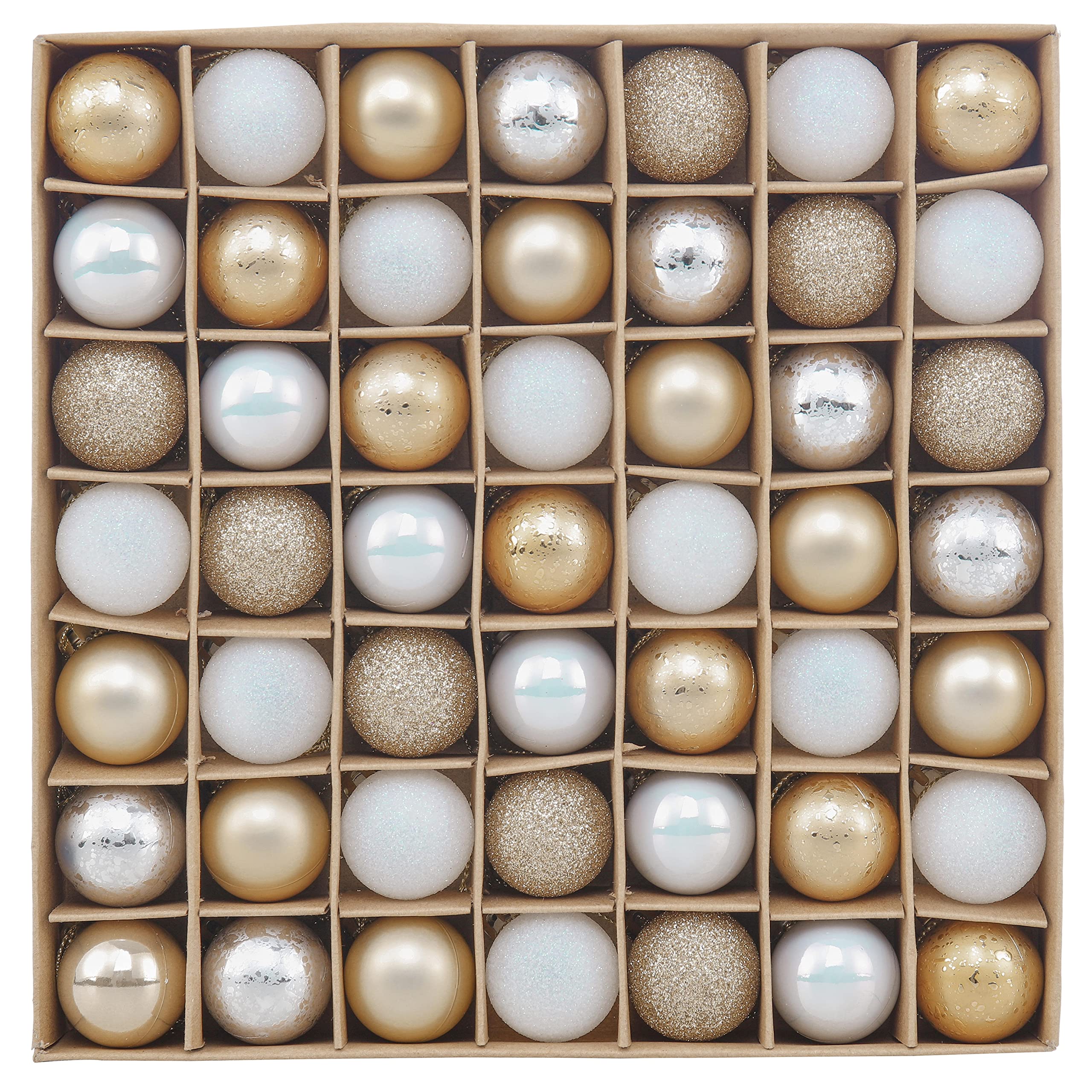 Valery Madelyn Bolas de Navidad Elegante Blanco y Dorado, Adornos de Bolas Plásticas Infrangibles, con Caja de Papel Kraft, para la Decoración del Árbol de Navidad (Juego de 49, 3cm)