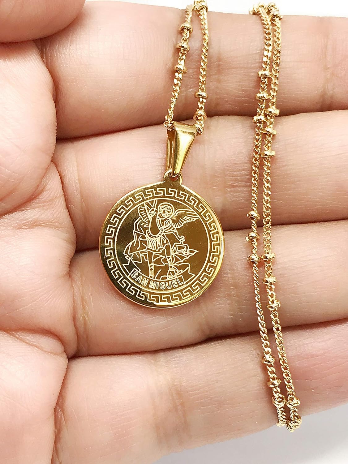 LESLIE BOULES Saint Michael Archangel Necklace 18 Inches Stainless Steel 18K Gold Plated Pendant - Image 7