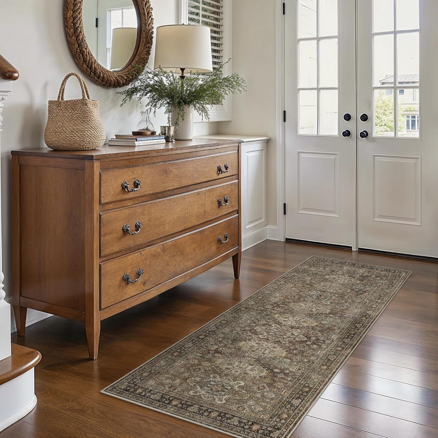 Bavni Washable Runner Rug 2x7, Non Slip Long Hallway Rug, Vintage Print Low Pile Ultra Thin Washable Carpet for Kitchen Bedroom, Brown