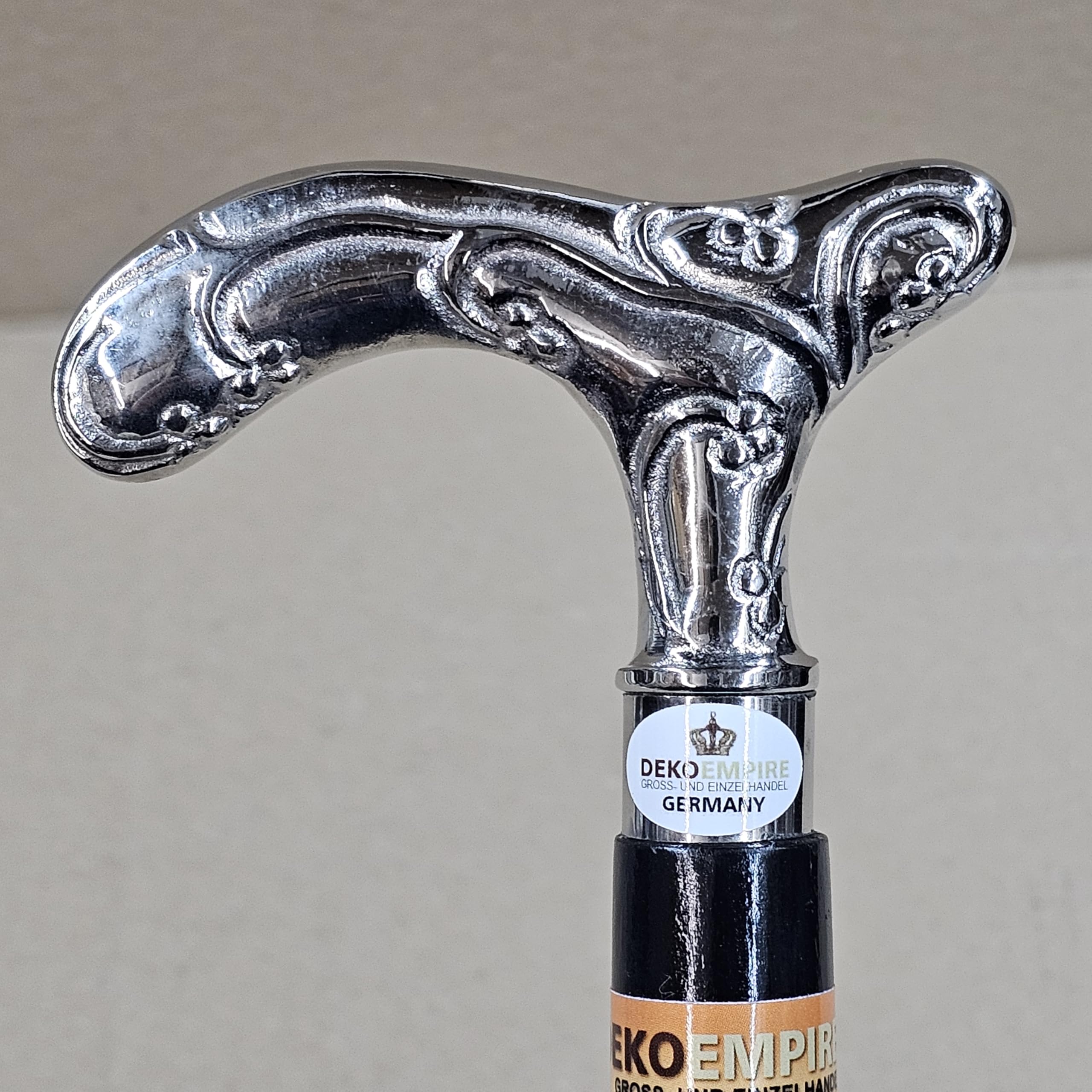 Elegancka drewniana dekoracyjna laska do chodzenia z srebrnym metalowym uchwytem w stylu wiktoriańskim, długość 93 cm i waga 550 g, z wytrzymałą, antypoślizgową gumą
