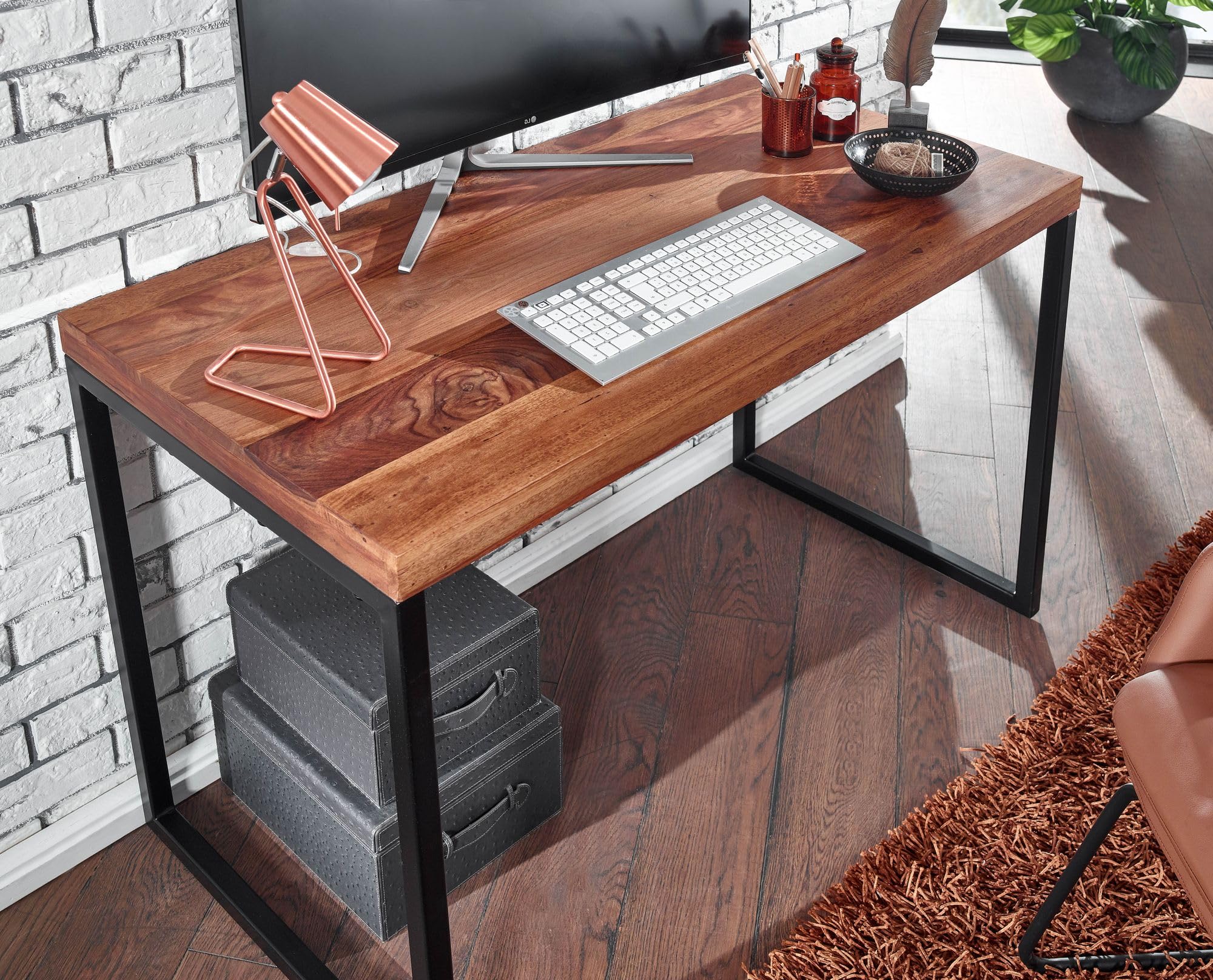 FineBuy Schreibtisch 117x59x76,5 cm Sheesham Massivholz Metall