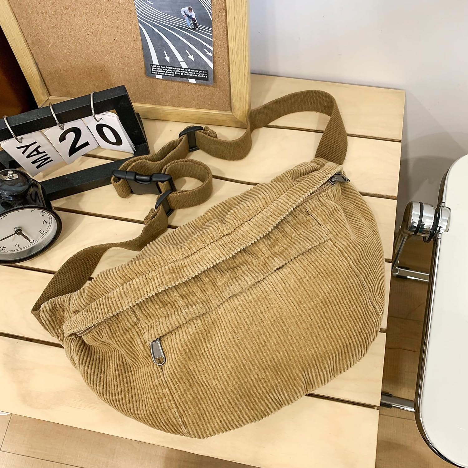 Micmores Crossbody Bags for Women Men Corduroy Fanny Pack Oversize Shoulder Purse Cute Belt Bum Sling Bag for Travel Running (Khaki)