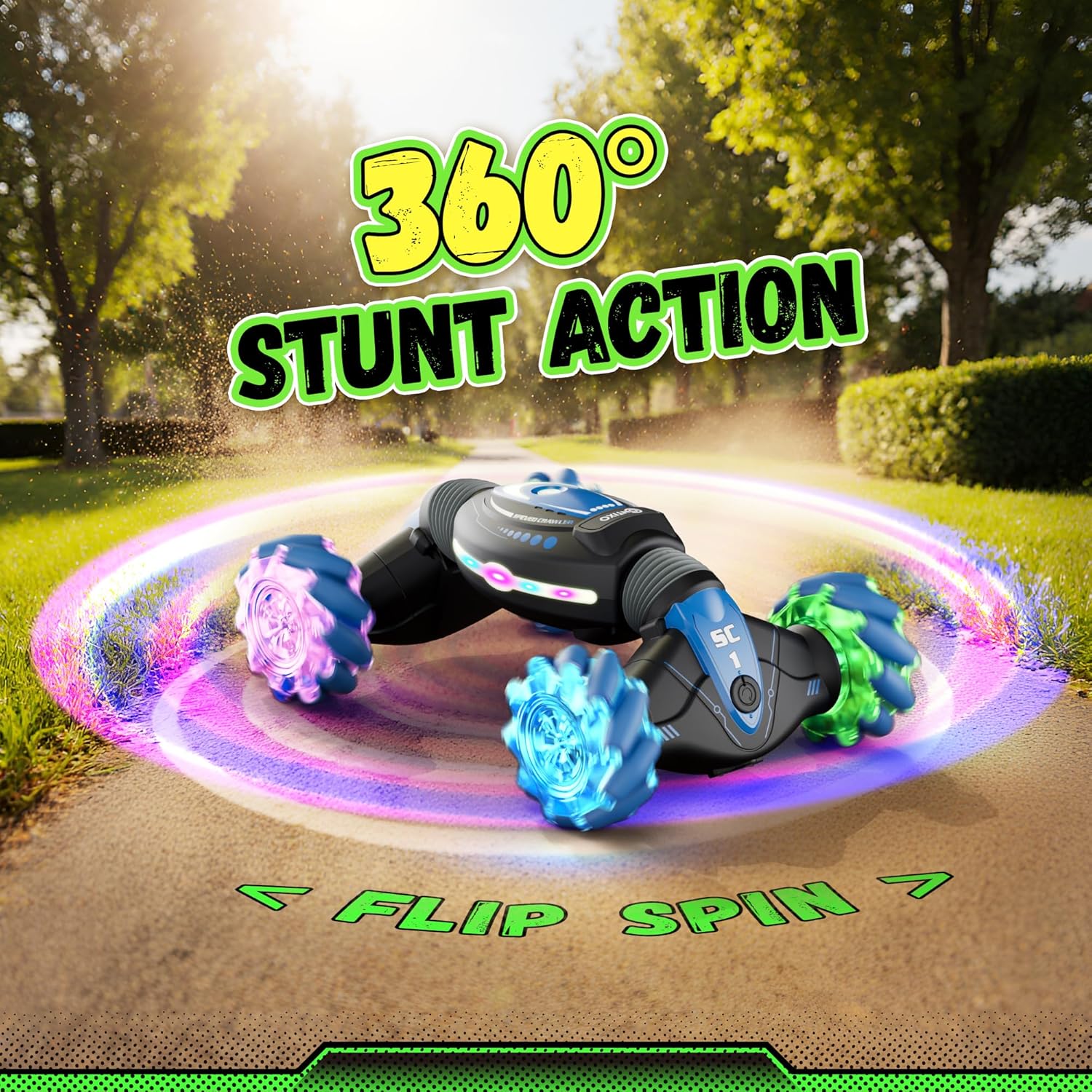 Contixo SC1A Kids Big Remote Control Car with Gesture Sensor, 4WD 360° Spins, Music, Lights & Spray, Side Drifts, Double-Sided Driving Off-Road Stunt Car Vehicle for Boys Ages 3 4 5 Blue image 4 of 8 B0FBRDLFMQ