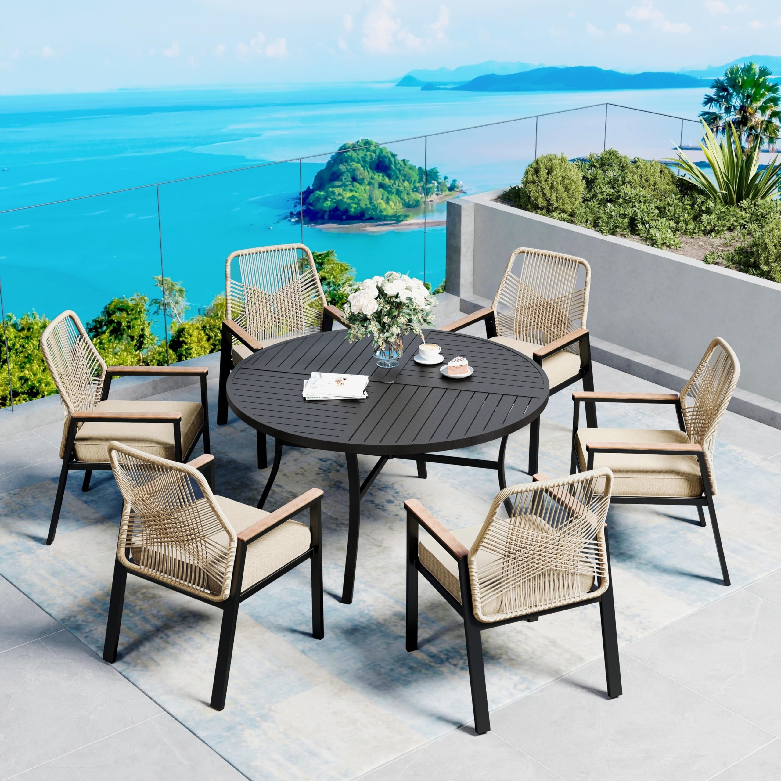 SUNSHINE VALLEY 7 Pieces Patio Dining Set, 6 x Woven Rattan Chairs with Waterproof Cushion, 54” Metal Round Dining Table with Umbrella Hole, Outdoor
