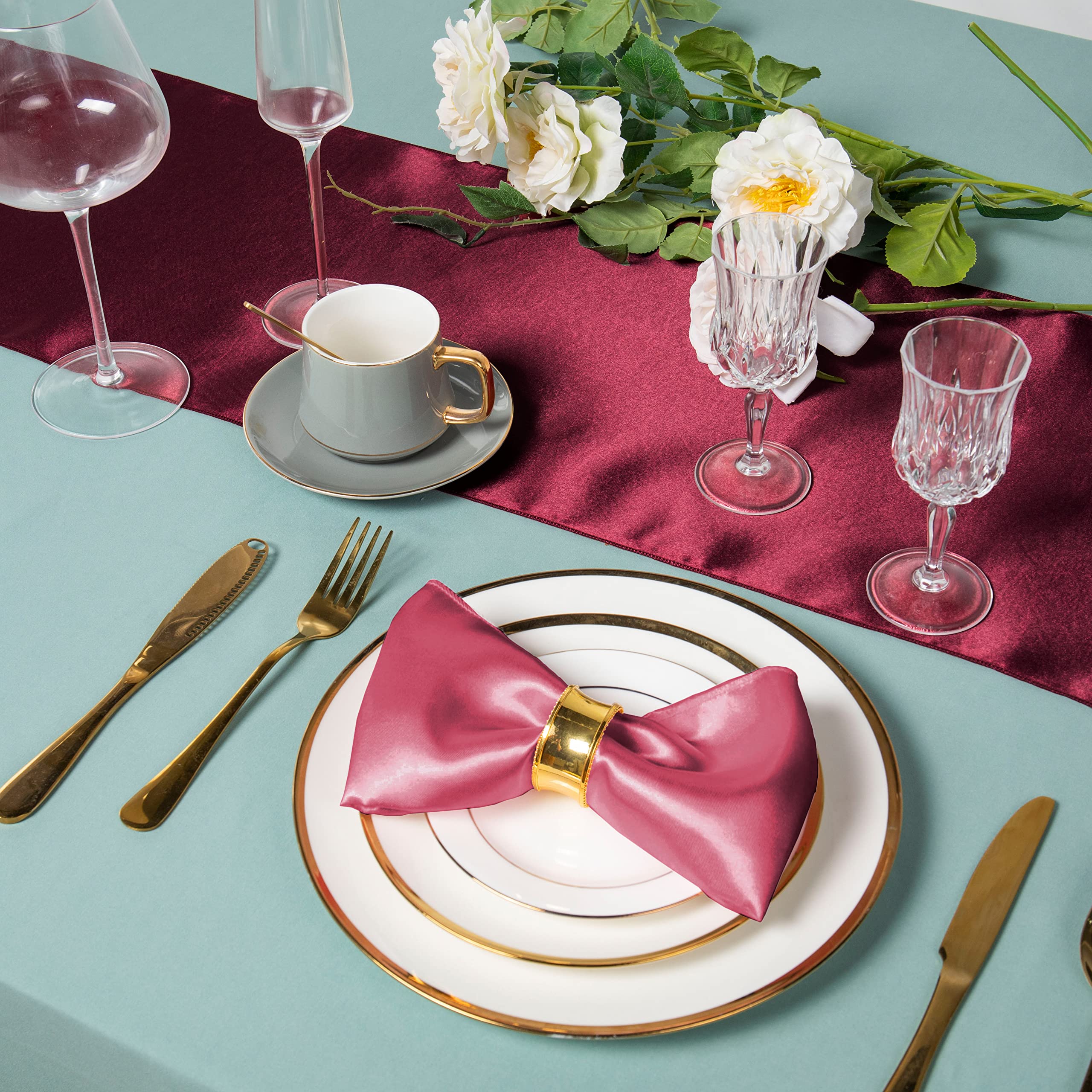 Homiest 12 Pack Satin Table Runners Burgundy Table Decor, Bright Wedding Table Runner 12 x 108 Inches Long Table Decorations, Silky Birthday Party Table Runner for Reception Graduation Banquet