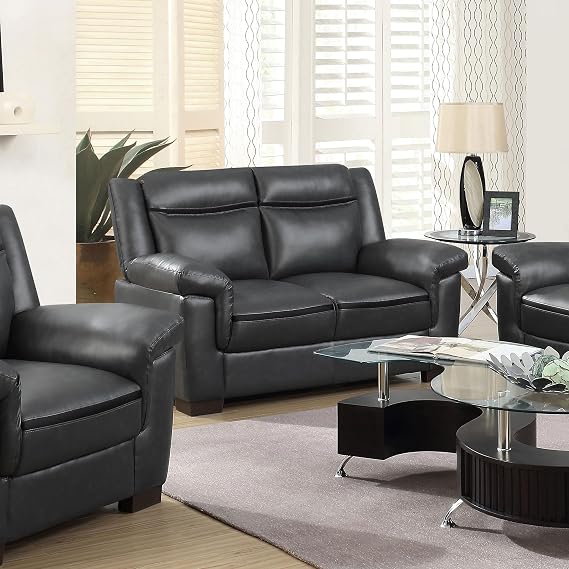 Coaster Home Furnishings - Arabella - Faux Leather Upholstered Loveseat with Padded Arms, Cushioned Seats, Contrasting Stitching and Transitional-Inspired Design - Living Room - Grey - 506592