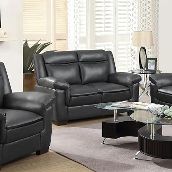 Coaster Home Furnishings - Arabella - Faux Leather Upholstered Loveseat with Padded Arms, Cushioned Seats, Contrasting Stitching and Transitional-Inspired Design - Living Room - Grey - 506592