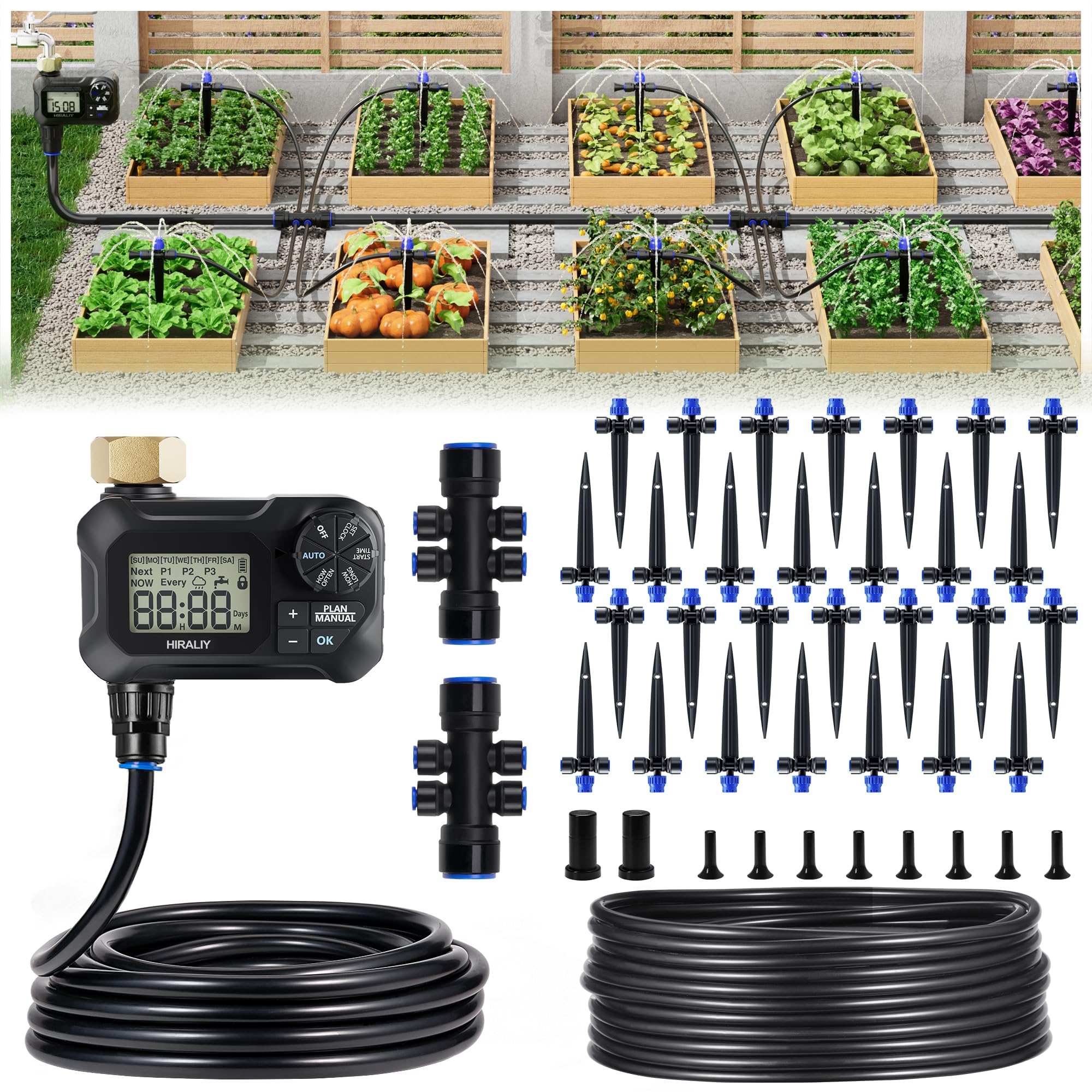 HIRALIY 100FT Drip Irrigation Kit with Timer