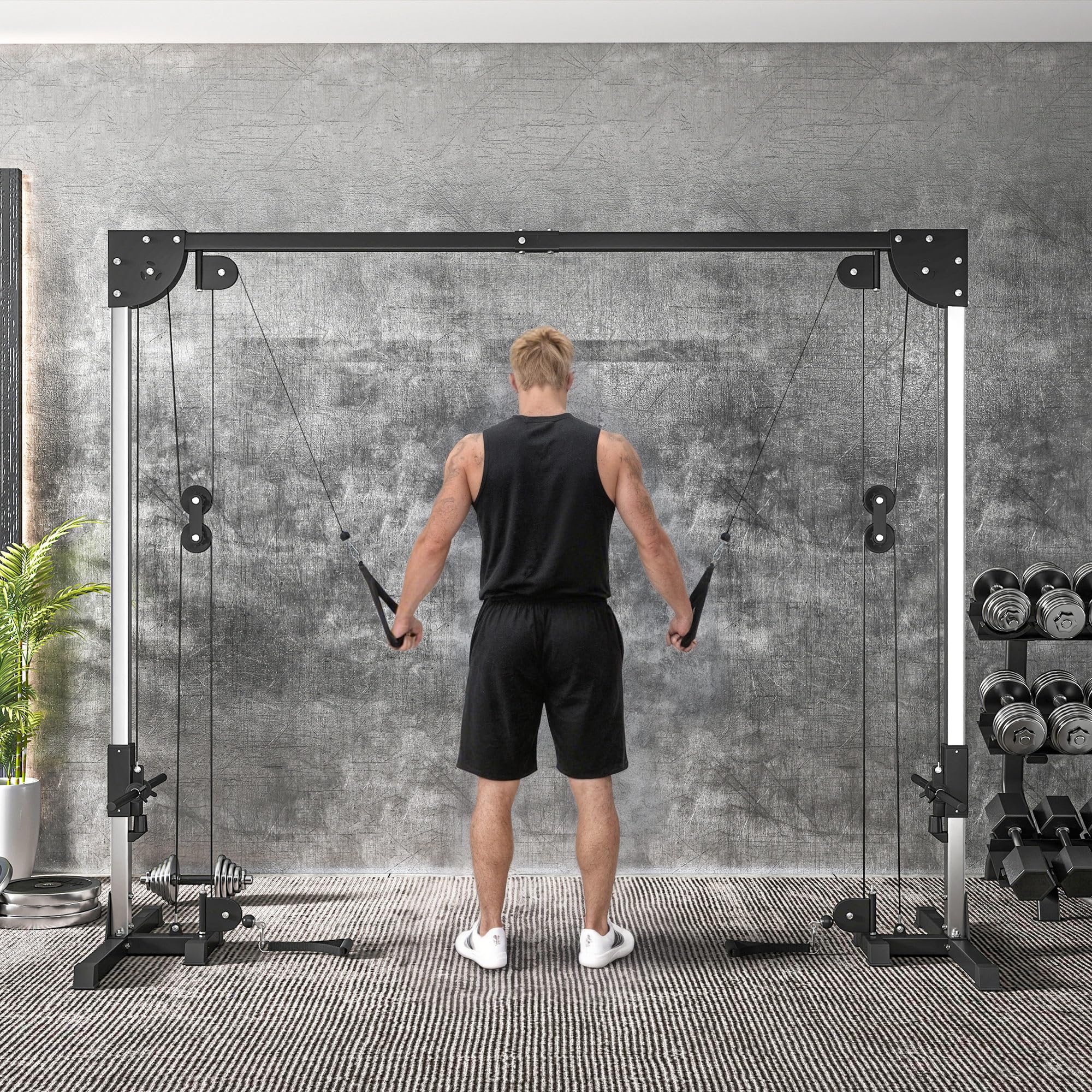 SPORTNOW Station de Musculation Double poulie Cable Crossover vis à vis, Charge Libre avec Poids 2 x 50kg - dim. 245L x 85l x 207H cm, en Acier, Noir