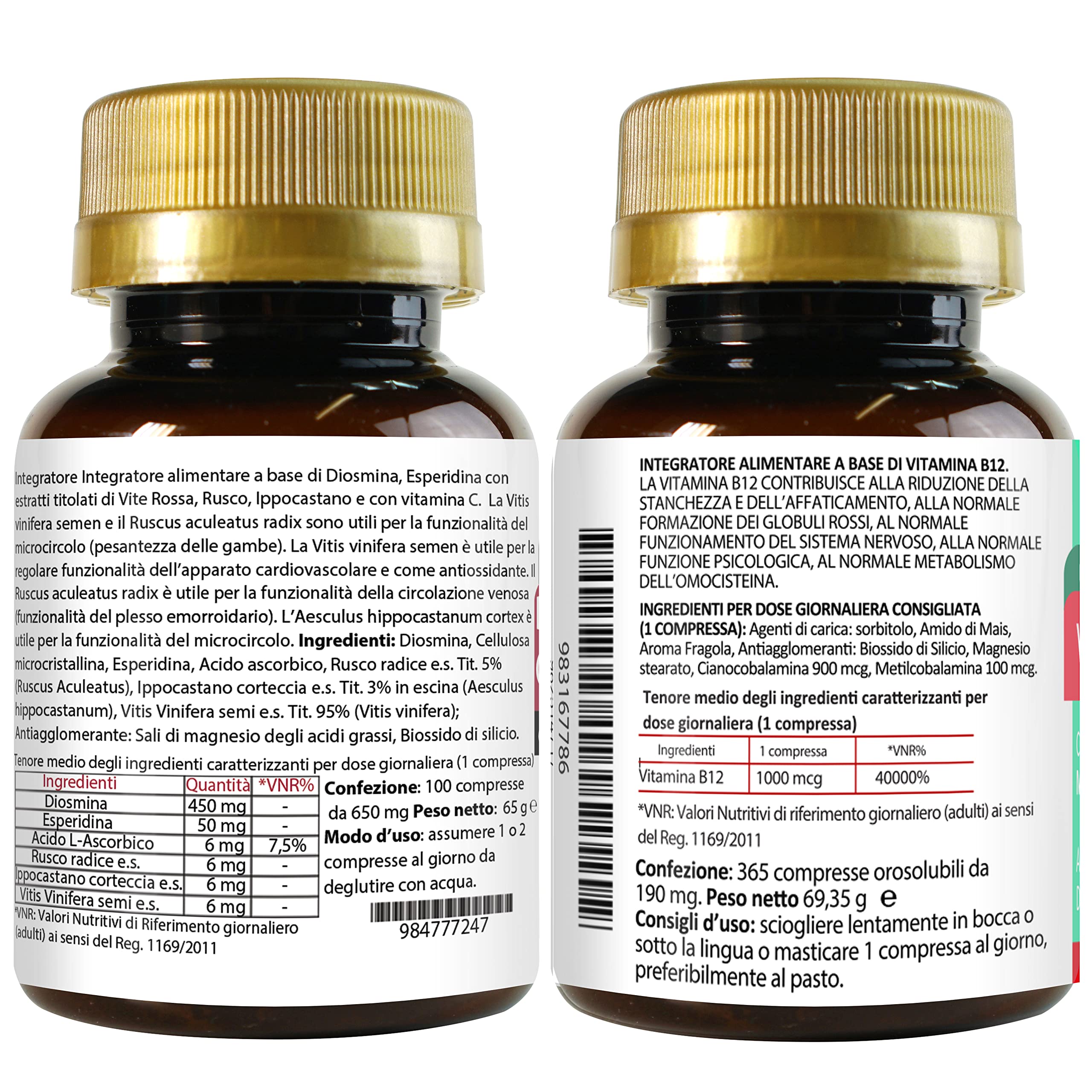 Set di Integratori Circolazione Antiossidante + Energia | Diosmina Esperidina Bioflavonoidi 100 Compresse + Vitamina B12 365 Compresse Masticabili | Senza Glutine e Lattosio
